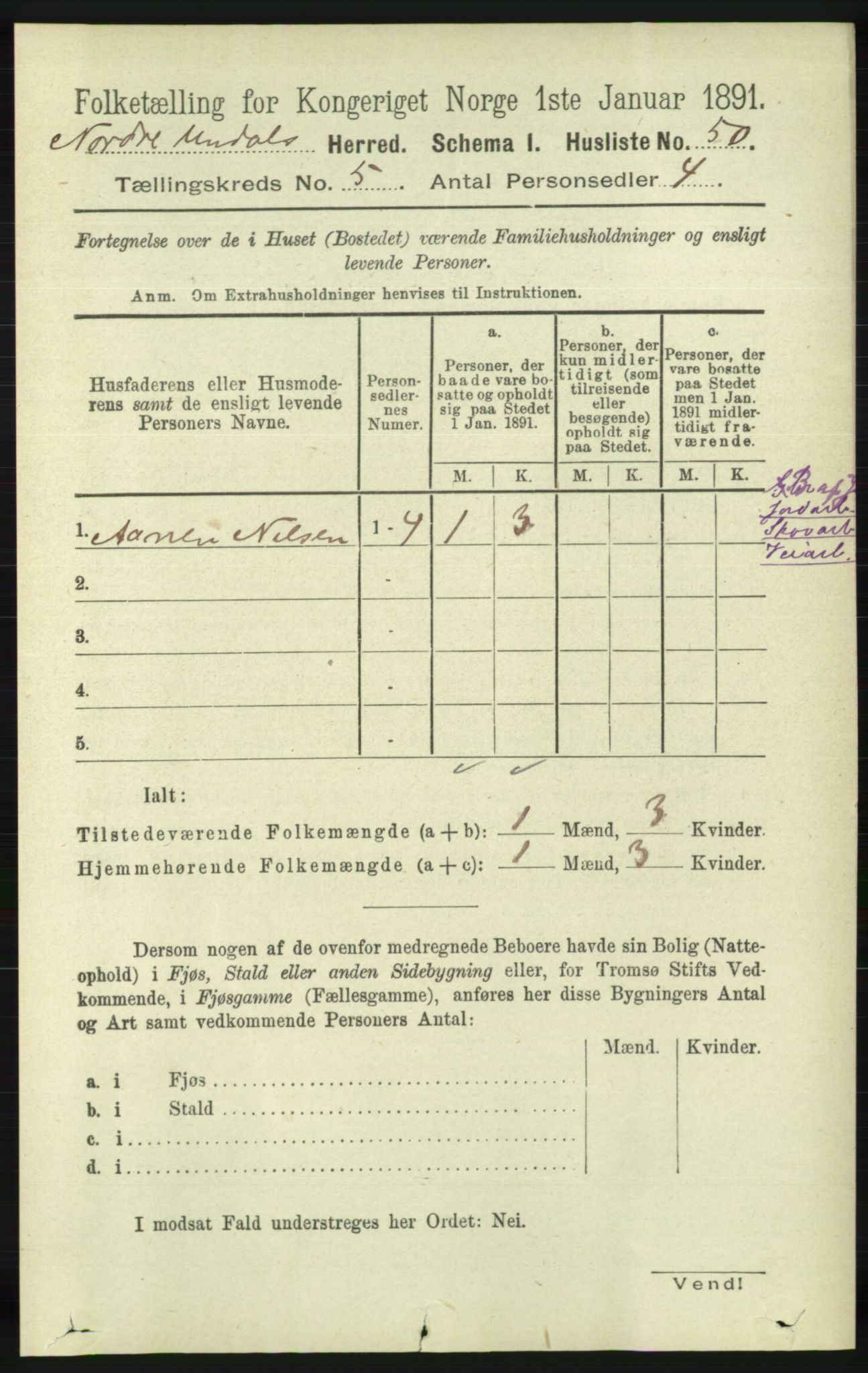 RA, 1891 census for 1028 Nord-Audnedal, 1891, p. 1222