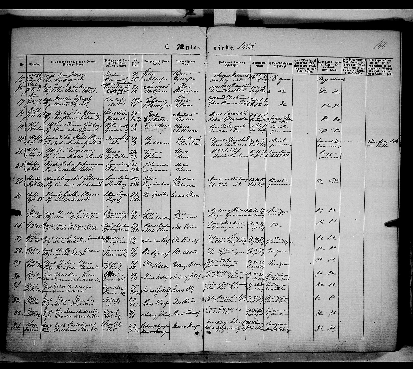 Søndre Land prestekontor, AV/SAH-PREST-122/K/L0001: Parish register (official) no. 1, 1860-1877, p. 144