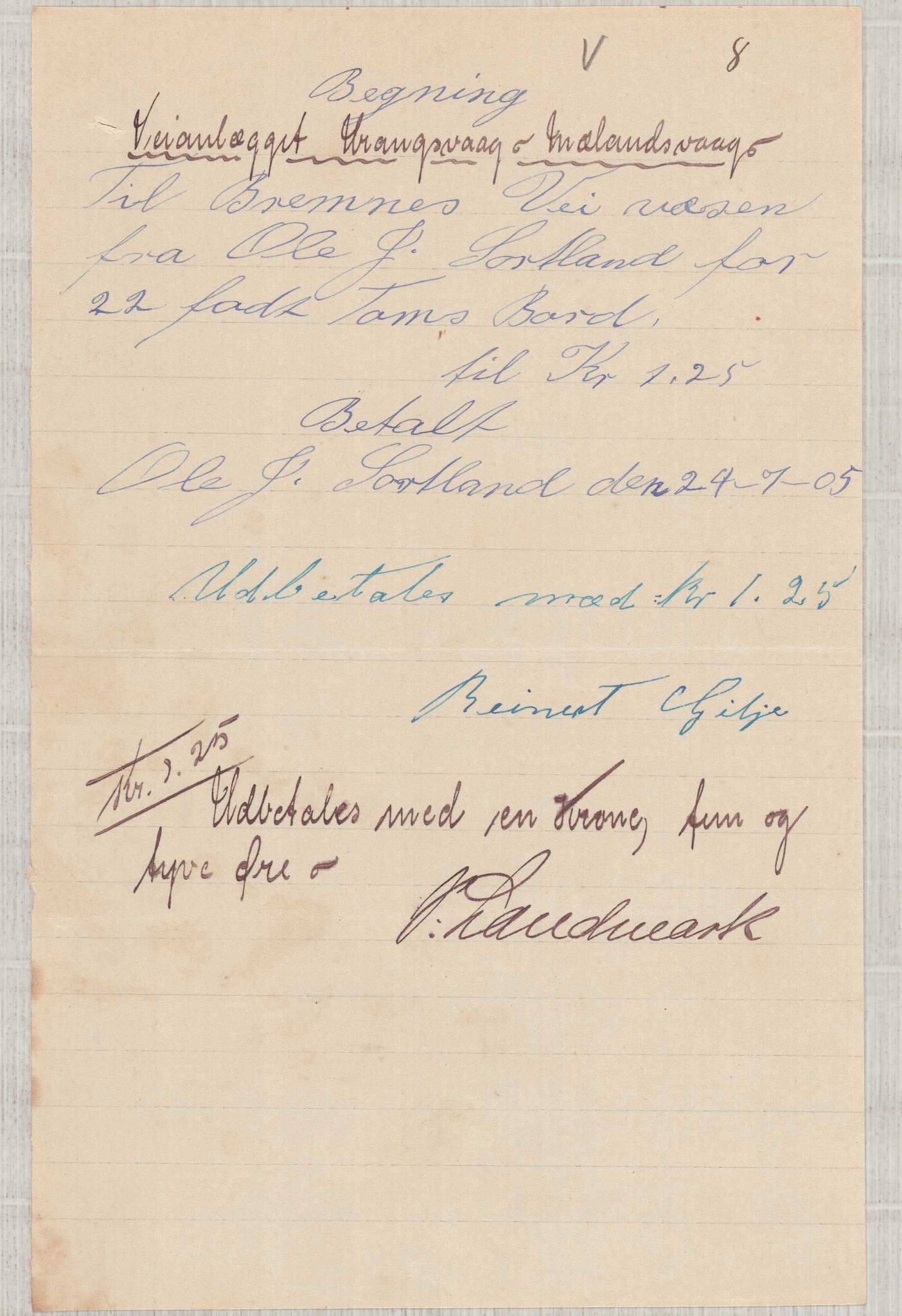 Finnaas kommune. Formannskapet, IKAH/1218a-021/E/Ea/L0002/0003: Rekneskap for veganlegg / Rekneskap for veganlegget Urangsvåg - Mælandsvåg, 1904-1905, p. 74