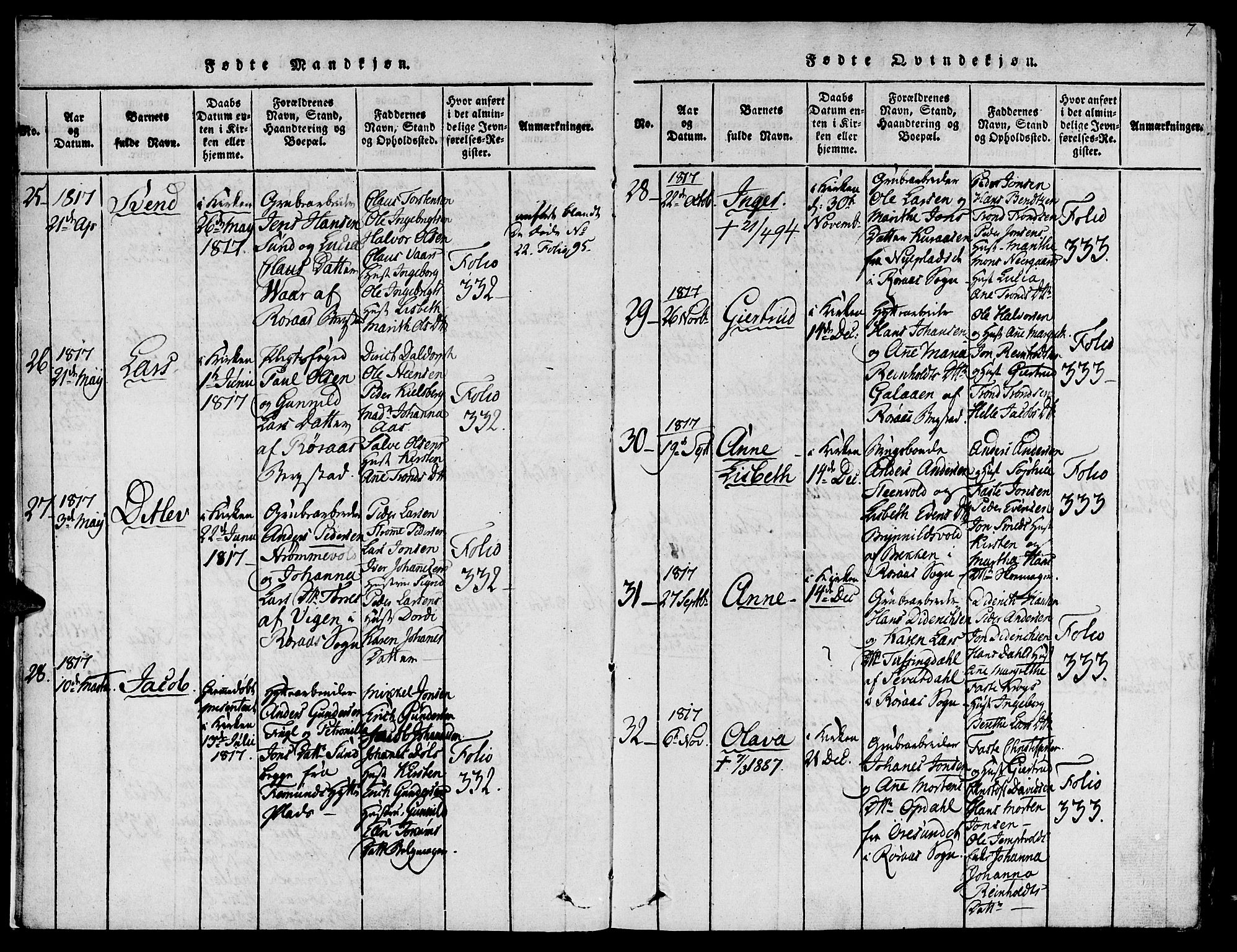 Ministerialprotokoller, klokkerbøker og fødselsregistre - Sør-Trøndelag, SAT/A-1456/681/L0929: Parish register (official) no. 681A07, 1817-1828, p. 7
