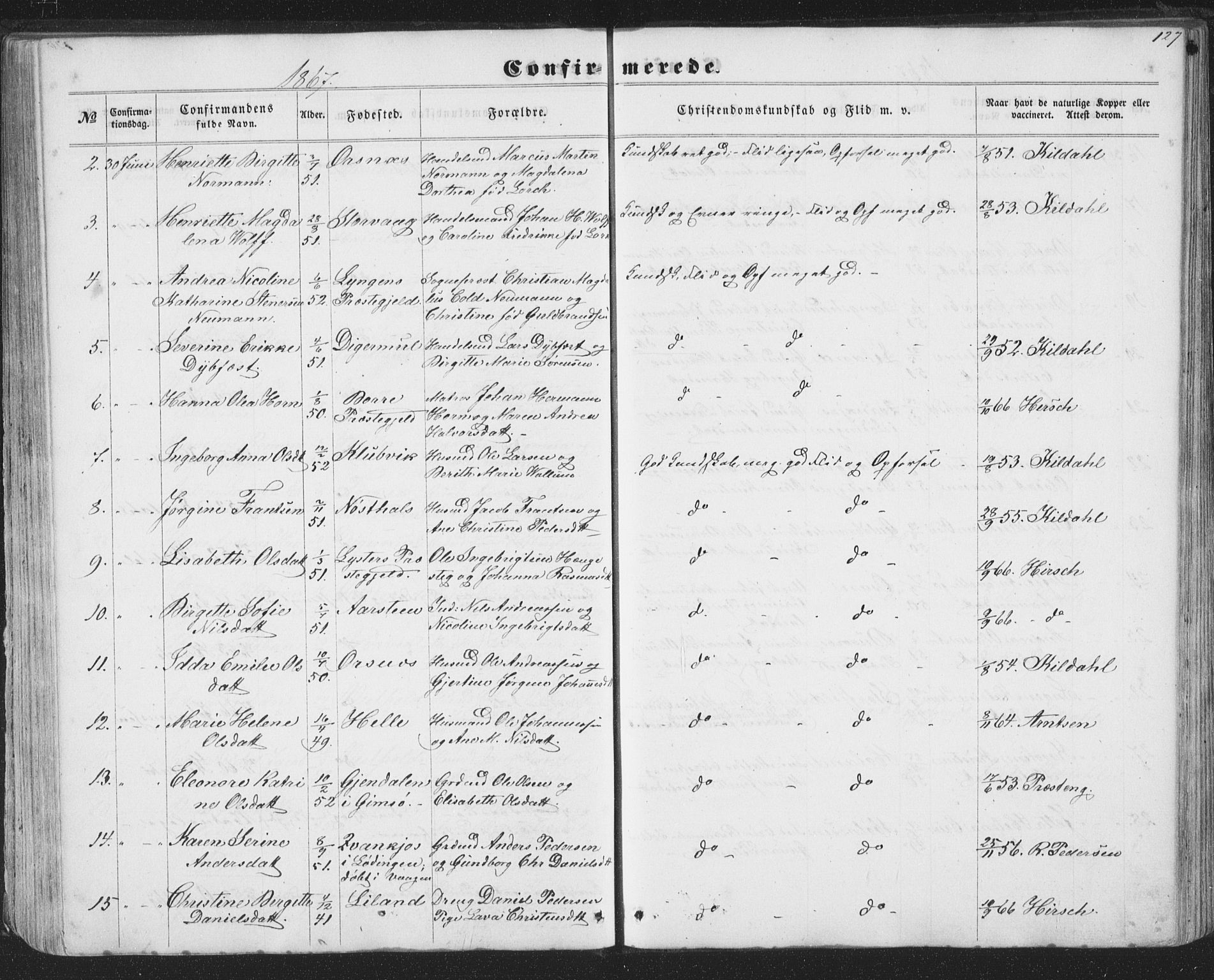 Ministerialprotokoller, klokkerbøker og fødselsregistre - Nordland, AV/SAT-A-1459/874/L1073: Parish register (copy) no. 874C02, 1860-1870, p. 127