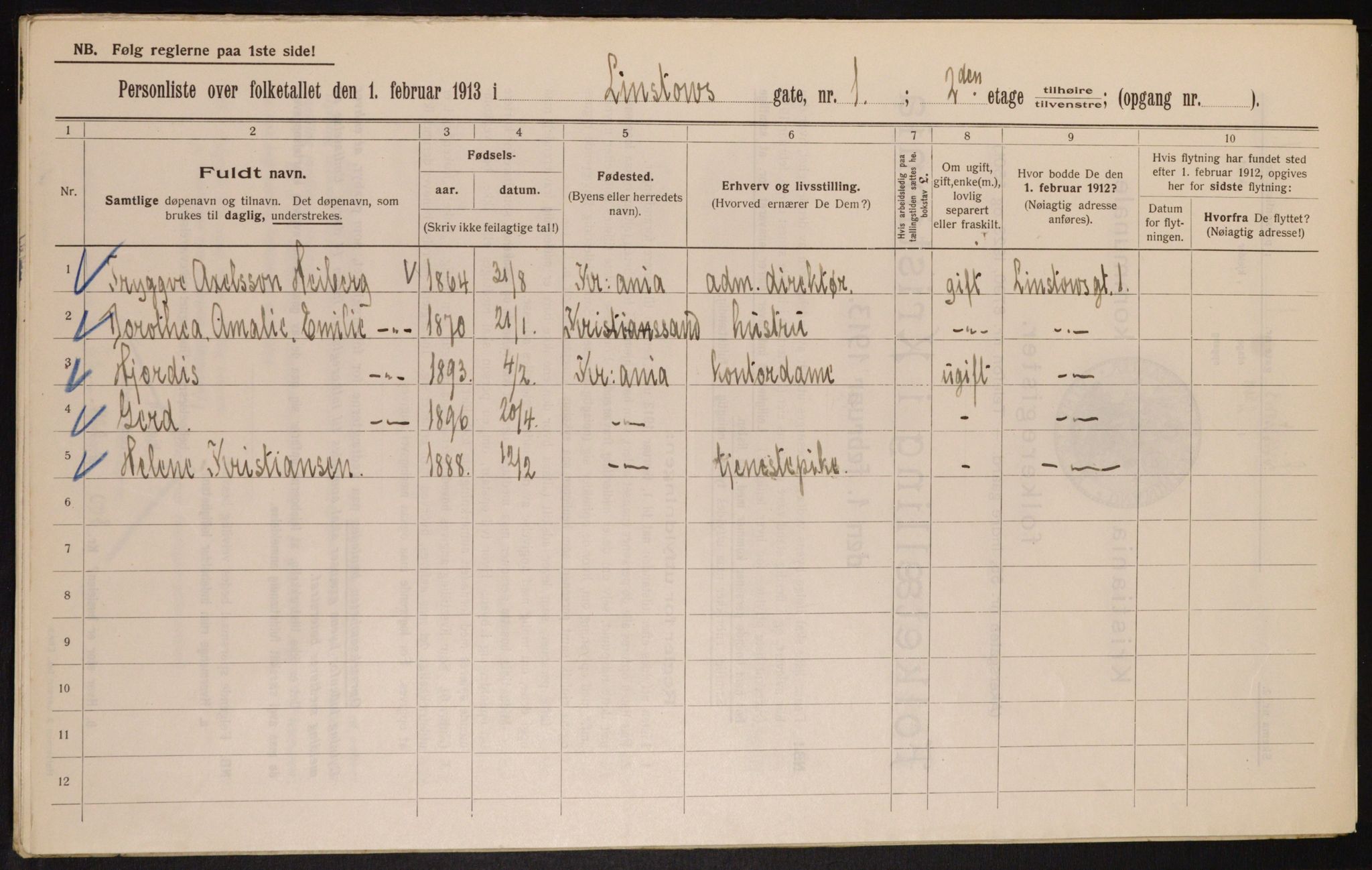 OBA, Municipal Census 1913 for Kristiania, 1913, p. 57476