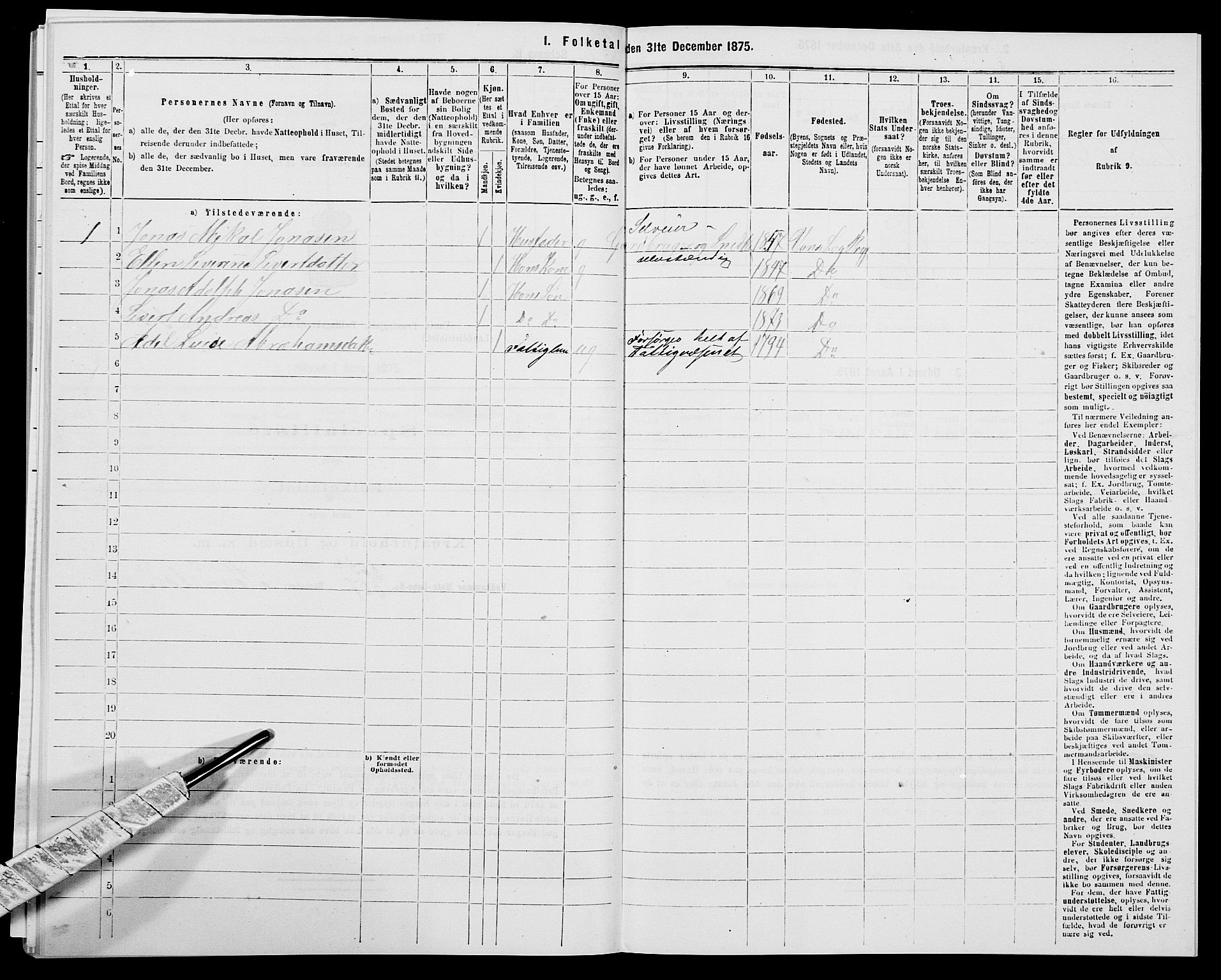 SAK, 1875 census for 1041L Vanse/Vanse og Farsund, 1875, p. 1876