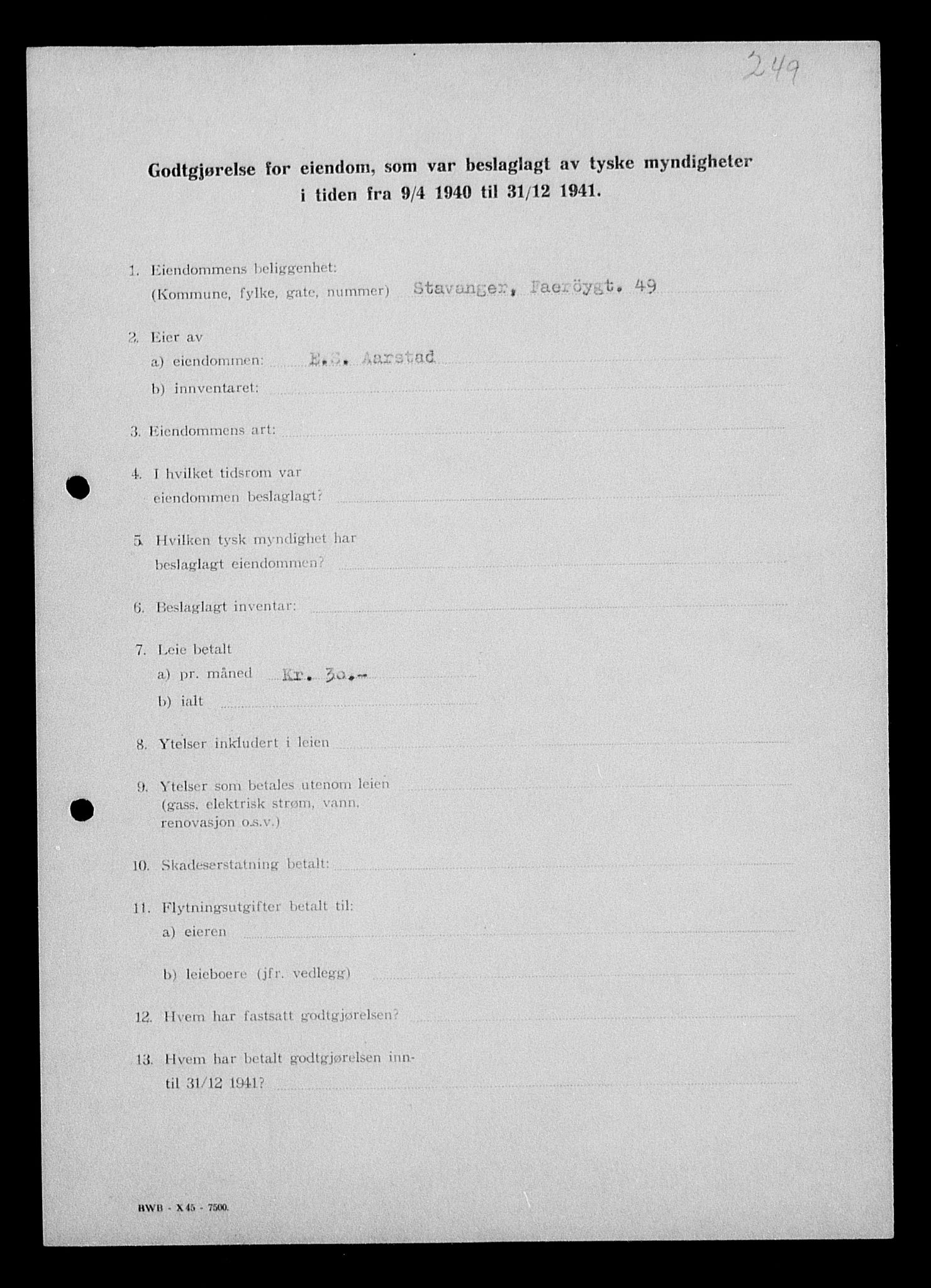 Justisdepartementet, Tilbakeføringskontoret for inndratte formuer, RA/S-1564/I/L1014: Godtgjørelse for beslaglagt eiendom, 1940-1941, p. 154