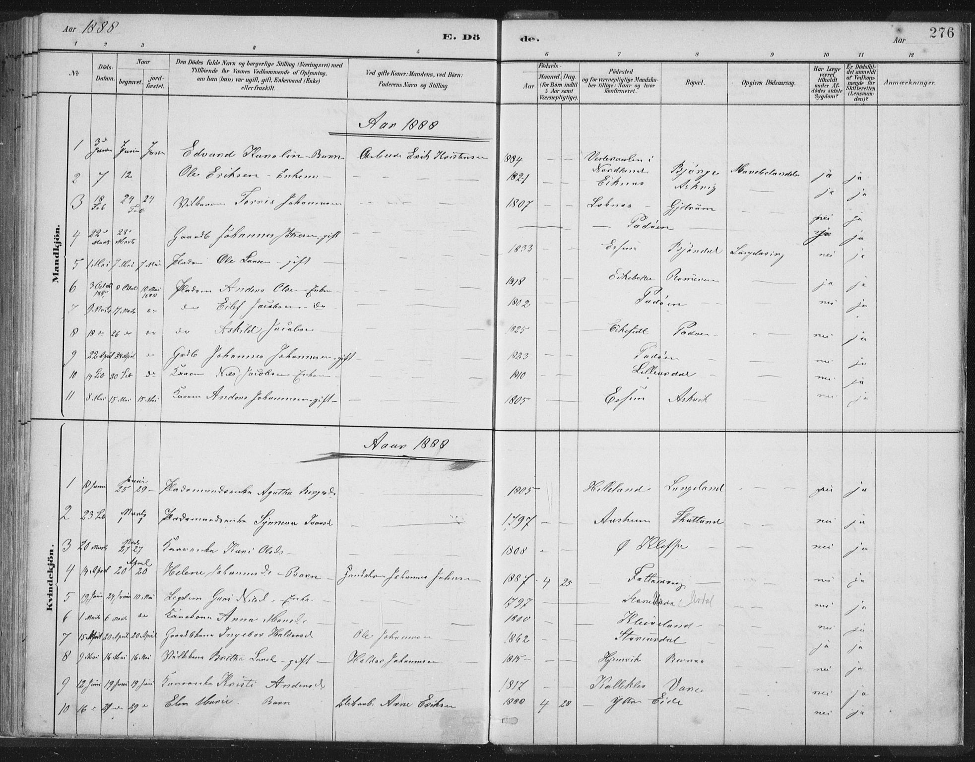Hosanger sokneprestembete, SAB/A-75801/H/Hab: Parish register (copy) no. A 3 II, 1882-1903, p. 276