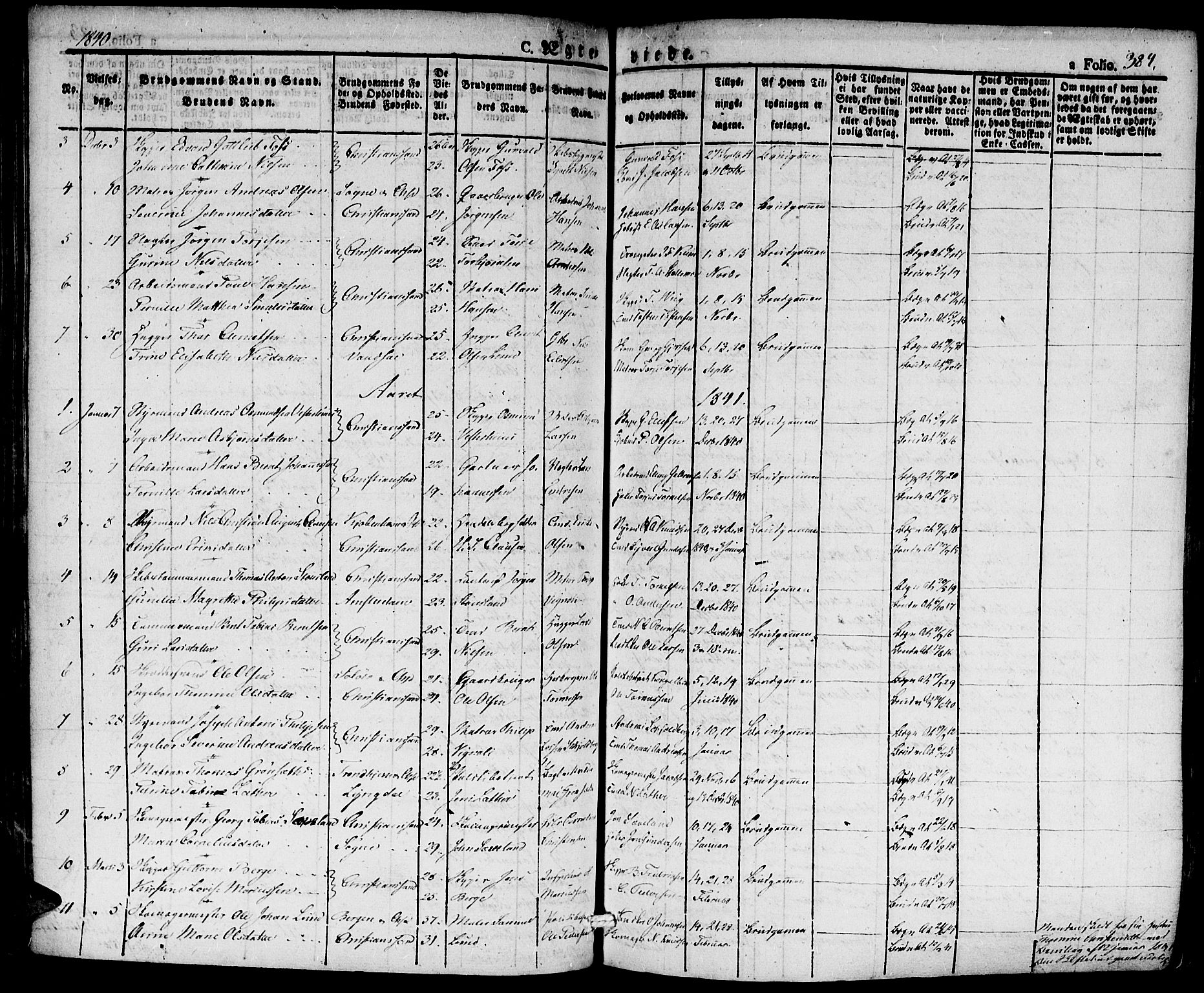 Kristiansand domprosti, AV/SAK-1112-0006/F/Fa/L0011: Parish register (official) no. A 11, 1827-1841, p. 384