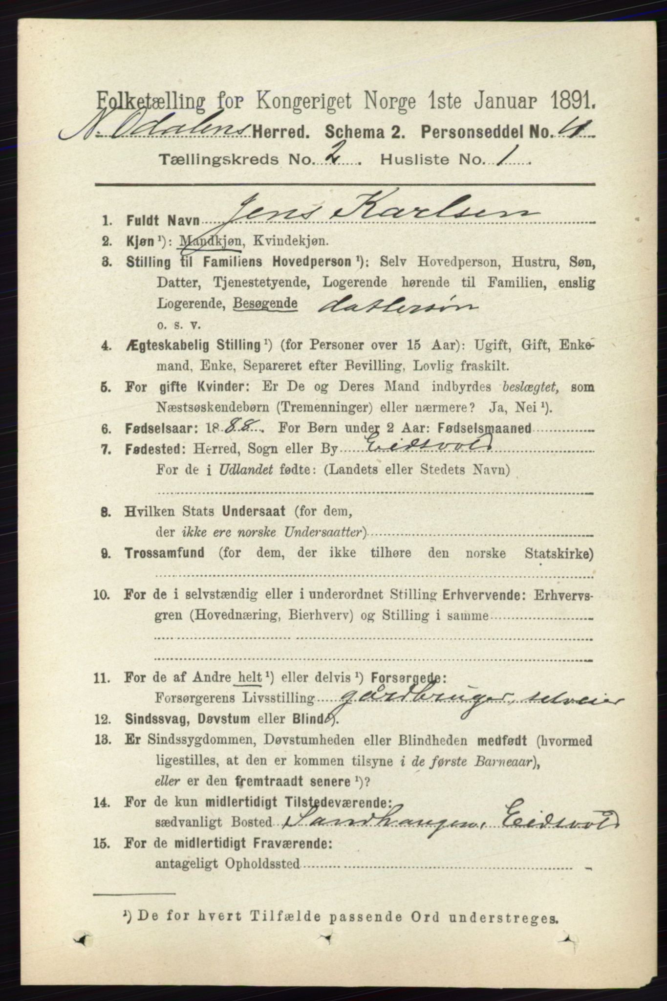 RA, 1891 census for 0418 Nord-Odal, 1891, p. 442