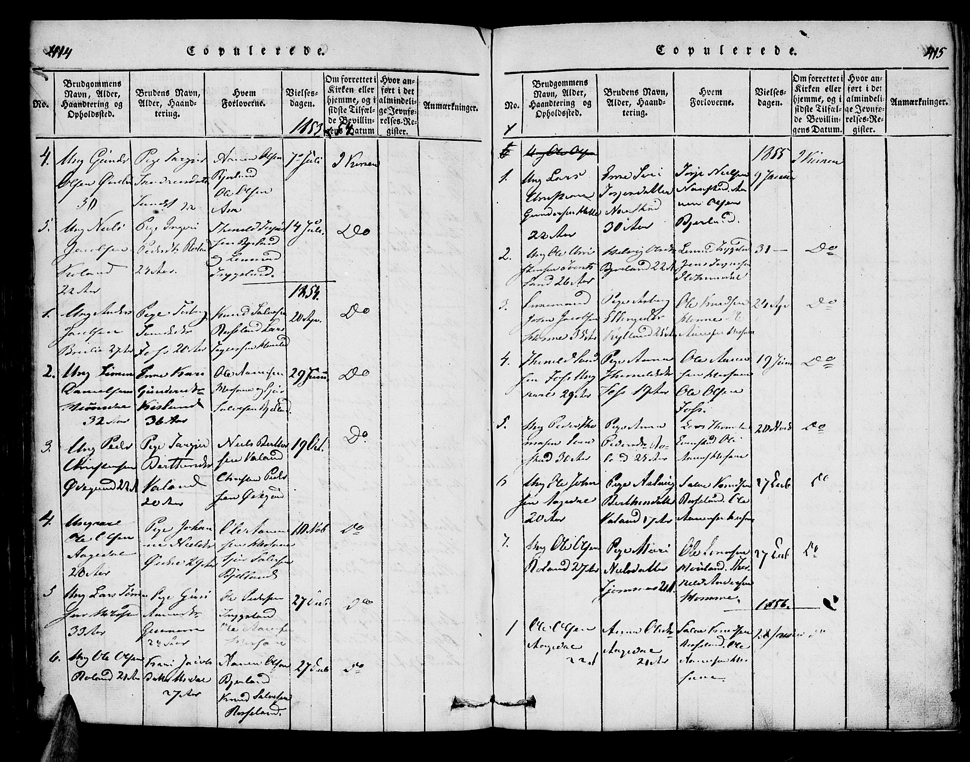 Bjelland sokneprestkontor, SAK/1111-0005/F/Fa/Faa/L0002: Parish register (official) no. A 2, 1816-1866, p. 414-415