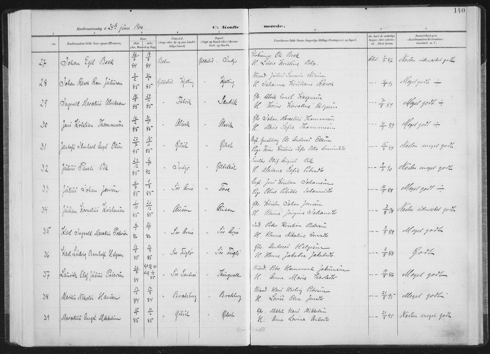 Ministerialprotokoller, klokkerbøker og fødselsregistre - Nordland, AV/SAT-A-1459/805/L0102: Parish register (official) no. 805A08I, 1900-1909, p. 140