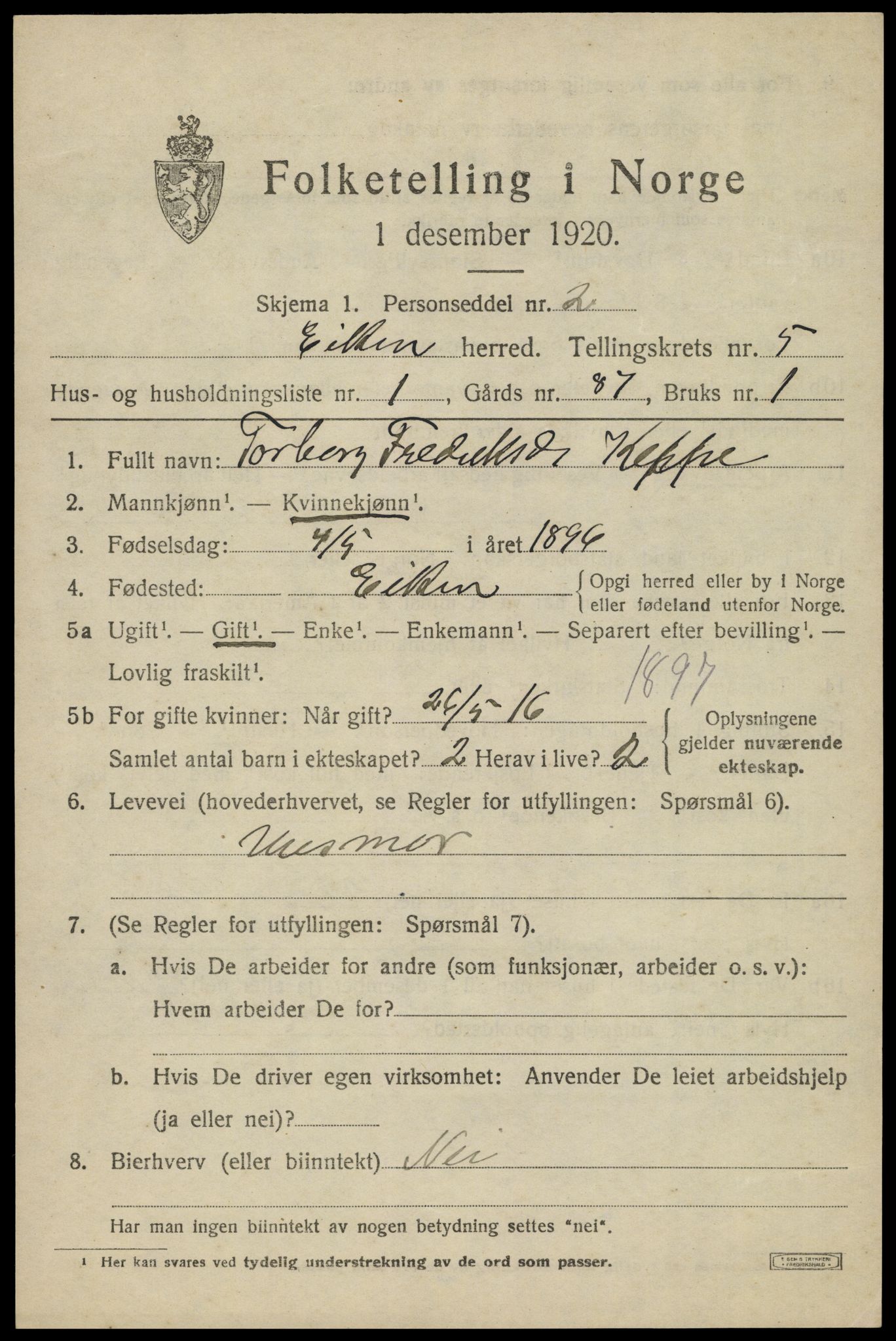SAK, 1920 census for Eiken, 1920, p. 1661