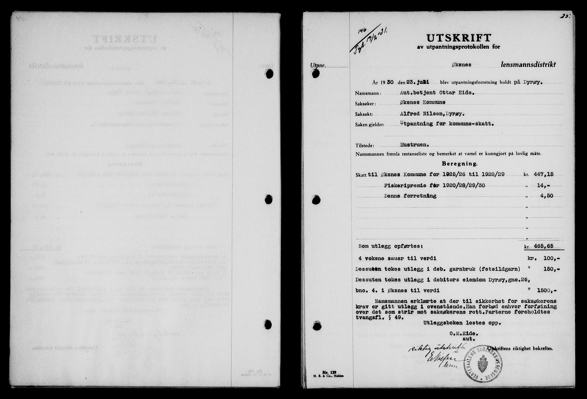 Vesterålen sorenskriveri, SAT/A-4180/1/2/2Ca/L0053: Mortgage book no. 46, 1931-1931, Deed date: 19.02.1931