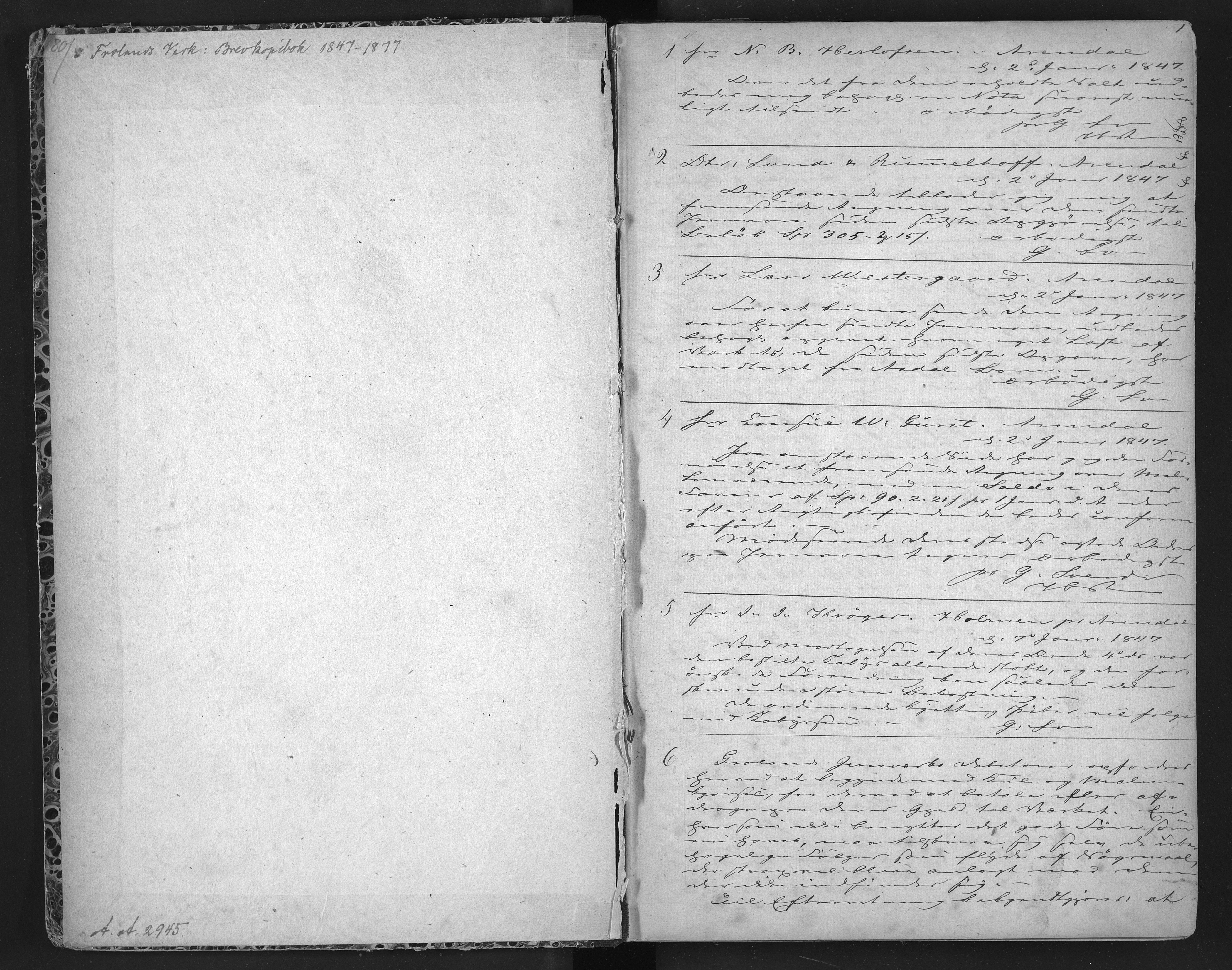 Froland Verk, AAKS/DA-1023/1/01/L0008: Kopibok, 1847-1877, p. 1