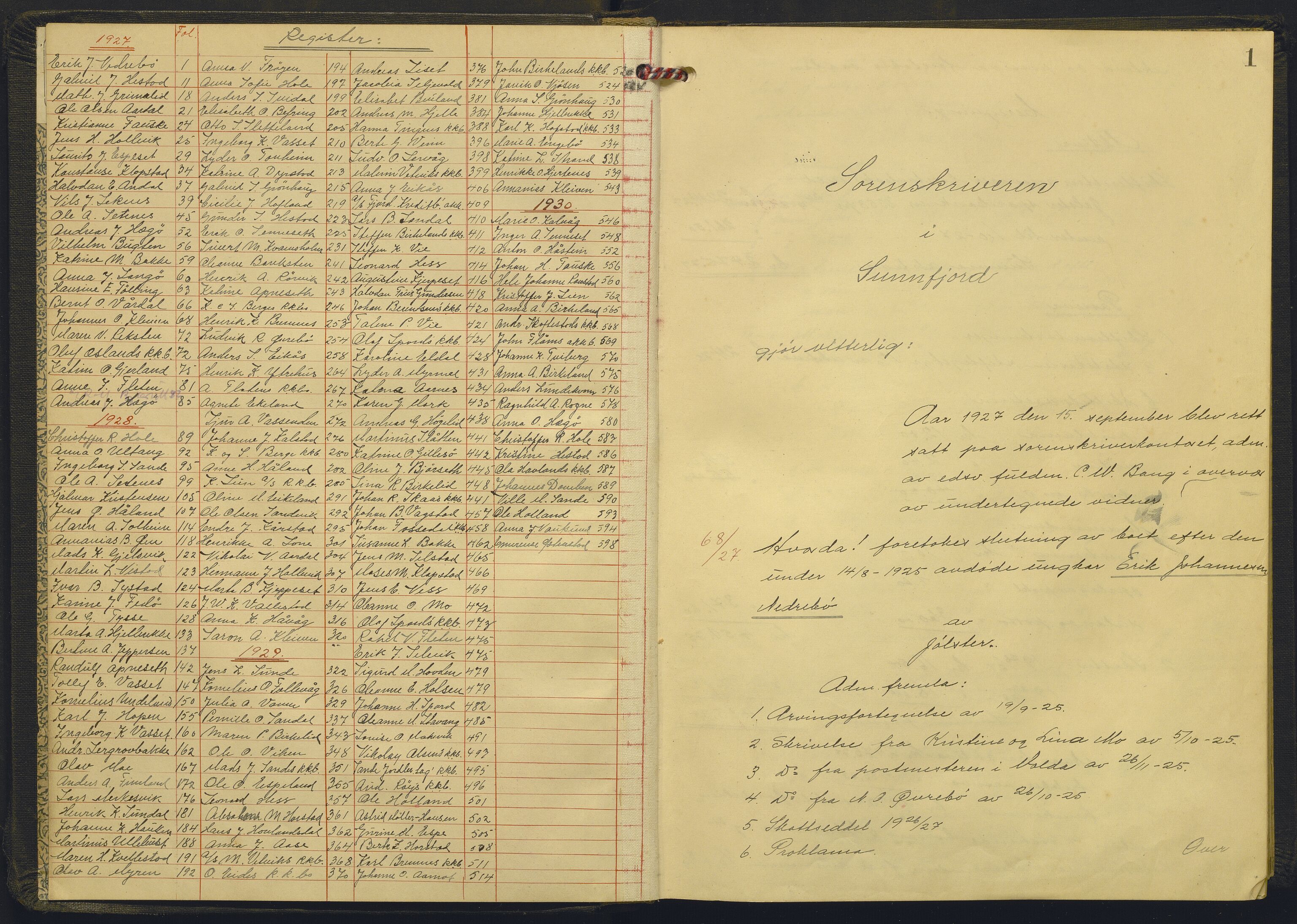 Sunnfjord tingrett, AV/SAB-A-3201/1/H/Hd/L0014: Skifteutlodningsprotokoll, 1927-1930, p. 1