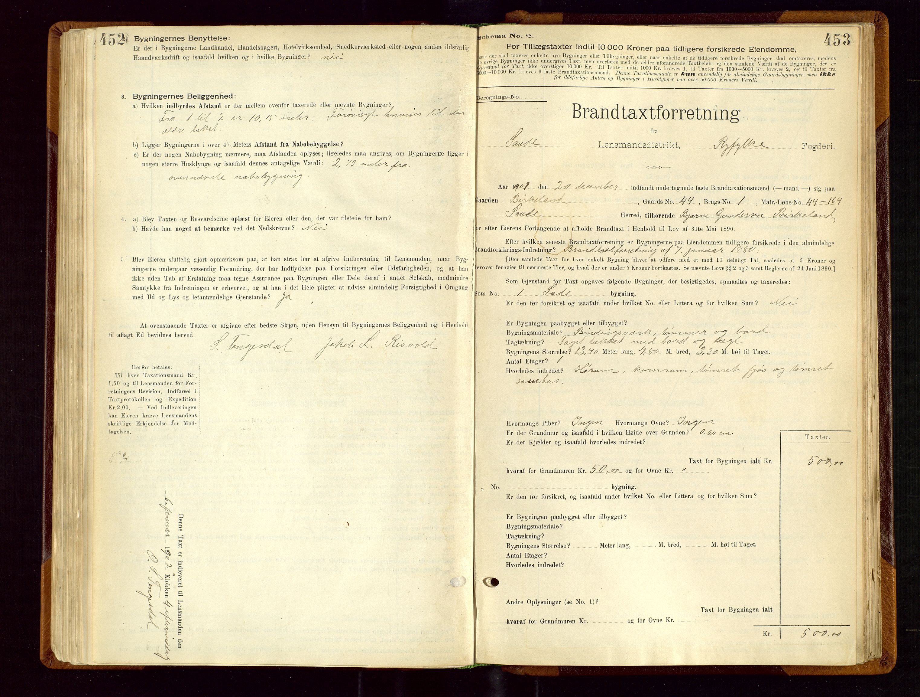 Sauda lensmannskontor, SAST/A-100177/Gob/L0001: Branntakstprotokoll - skjematakst, 1894-1914, p. 452-453