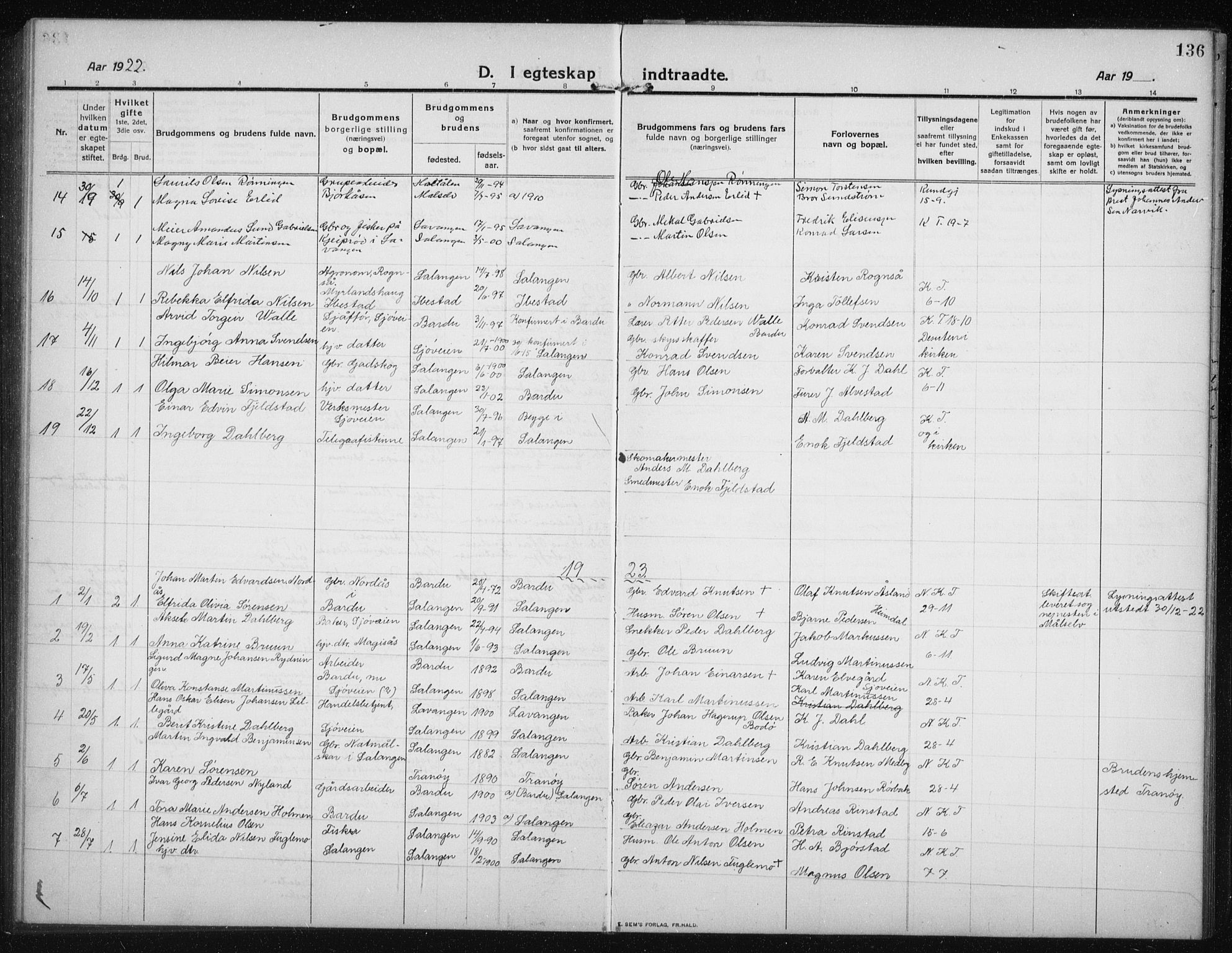 Salangen sokneprestembete, SATØ/S-1324/H/Ha/L0005klokker: Parish register (copy) no. 5, 1918-1937, p. 136