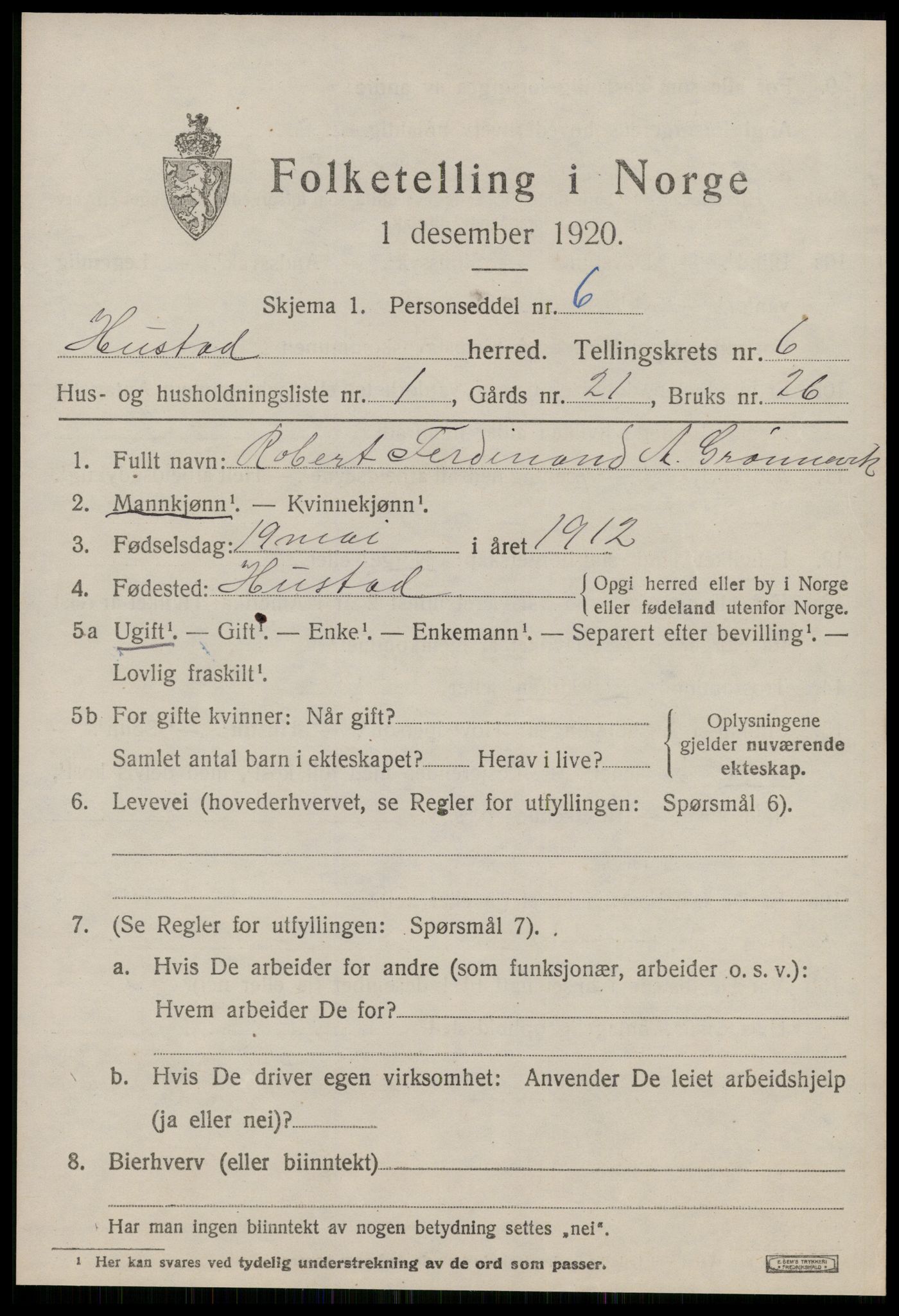 SAT, 1920 census for Hustad, 1920, p. 4169