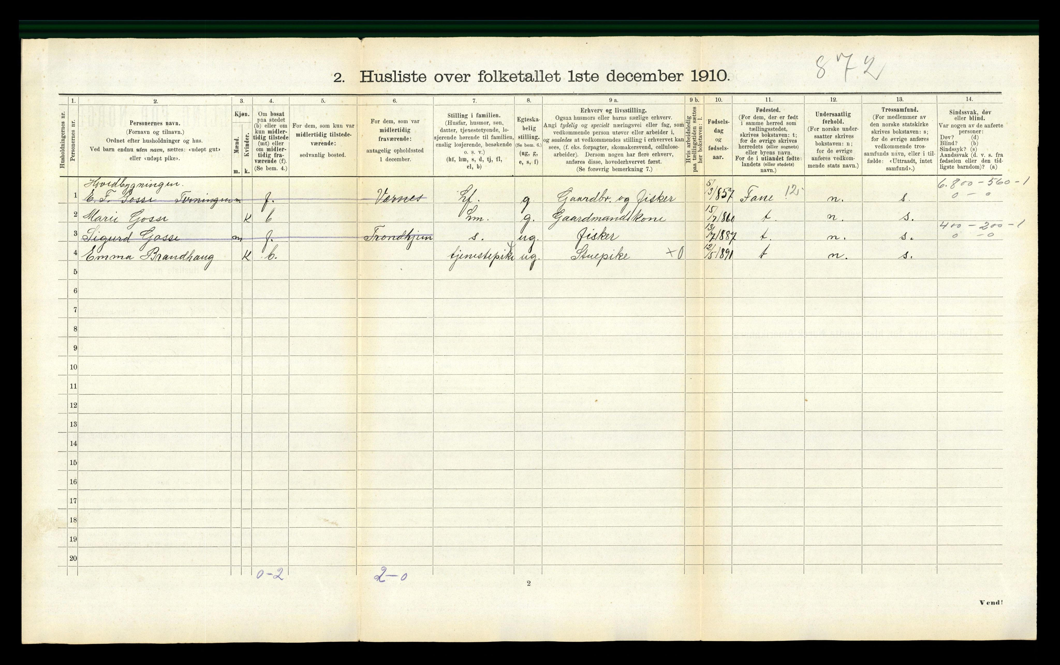 RA, 1910 census for Agdenes, 1910, p. 312