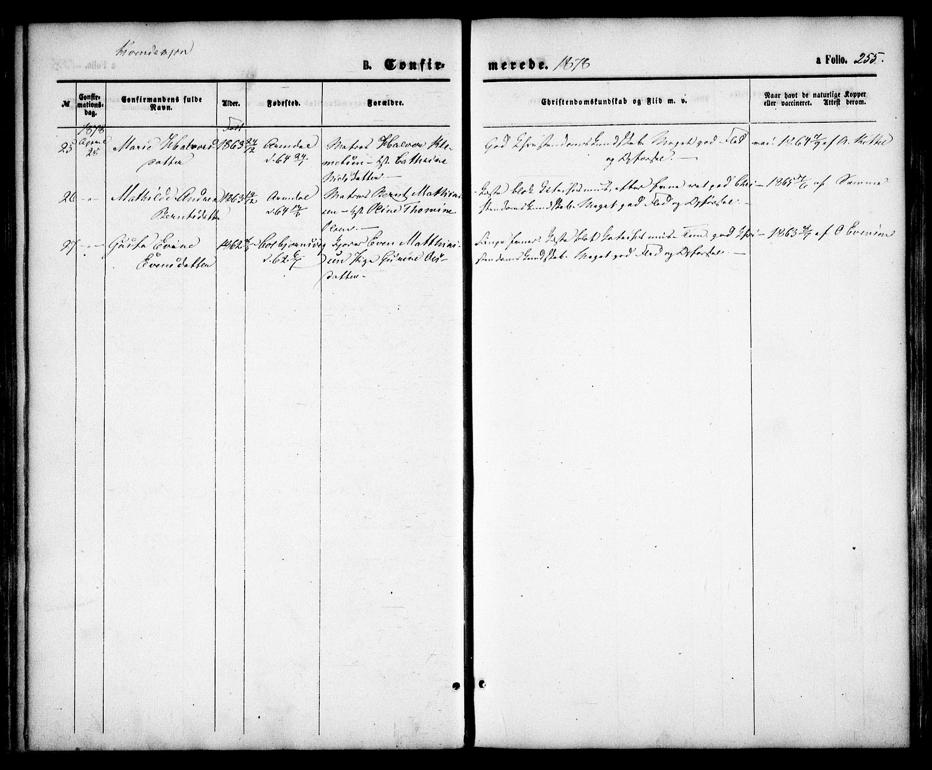 Arendal sokneprestkontor, Trefoldighet, SAK/1111-0040/F/Fa/L0007: Parish register (official) no. A 7, 1868-1878, p. 255