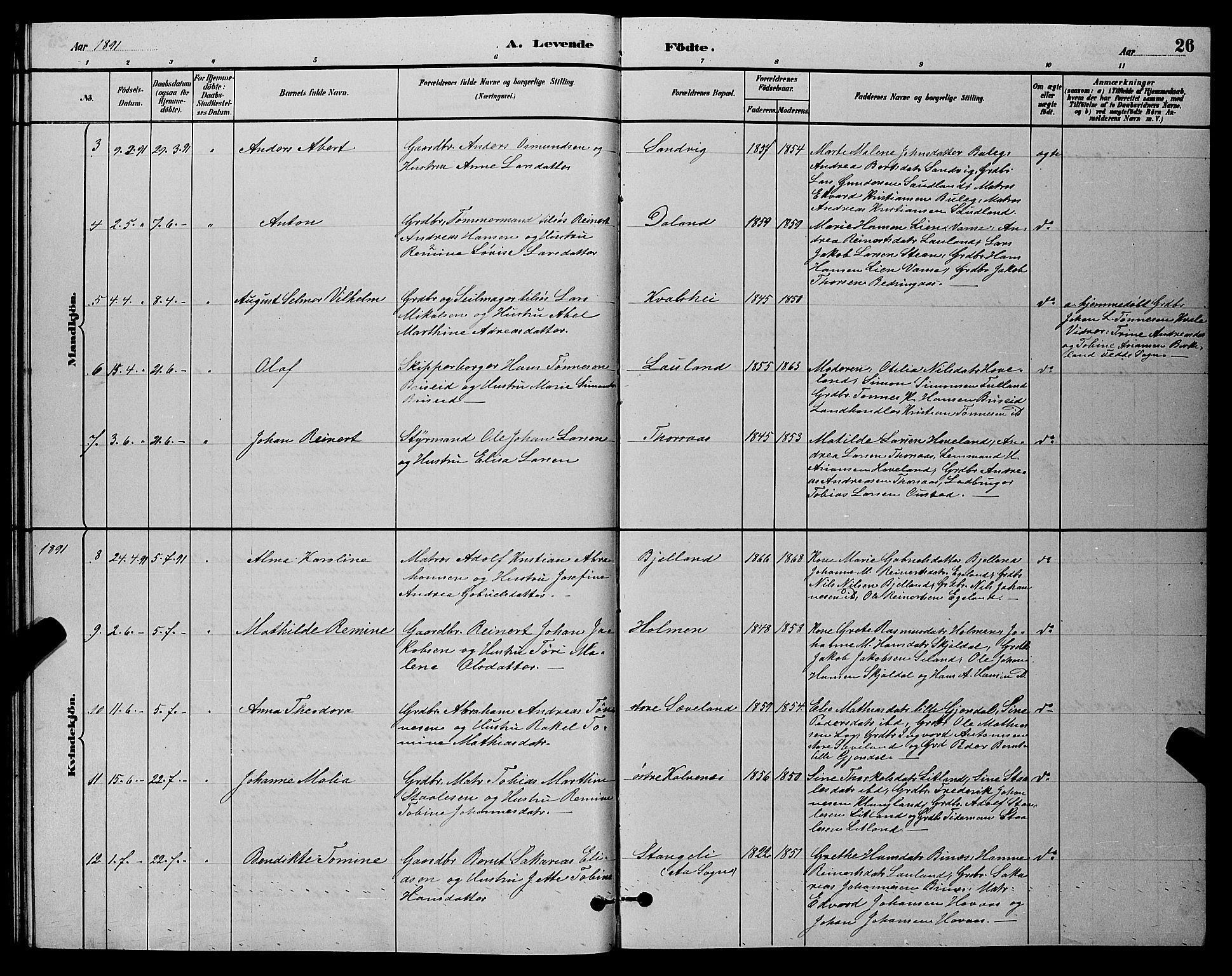 Herad sokneprestkontor, AV/SAK-1111-0018/F/Fb/Fba/L0004: Parish register (copy) no. B 4, 1882-1899, p. 26