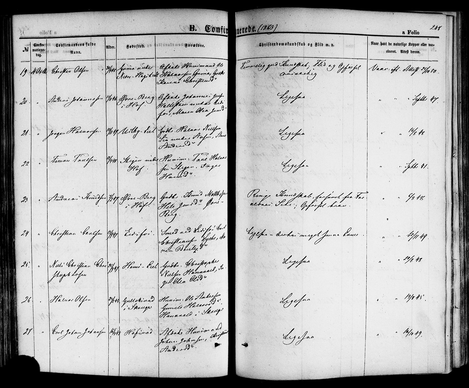 Hof kirkebøker, AV/SAKO-A-64/F/Fa/L0006: Parish register (official) no. I 6, 1851-1877, p. 288