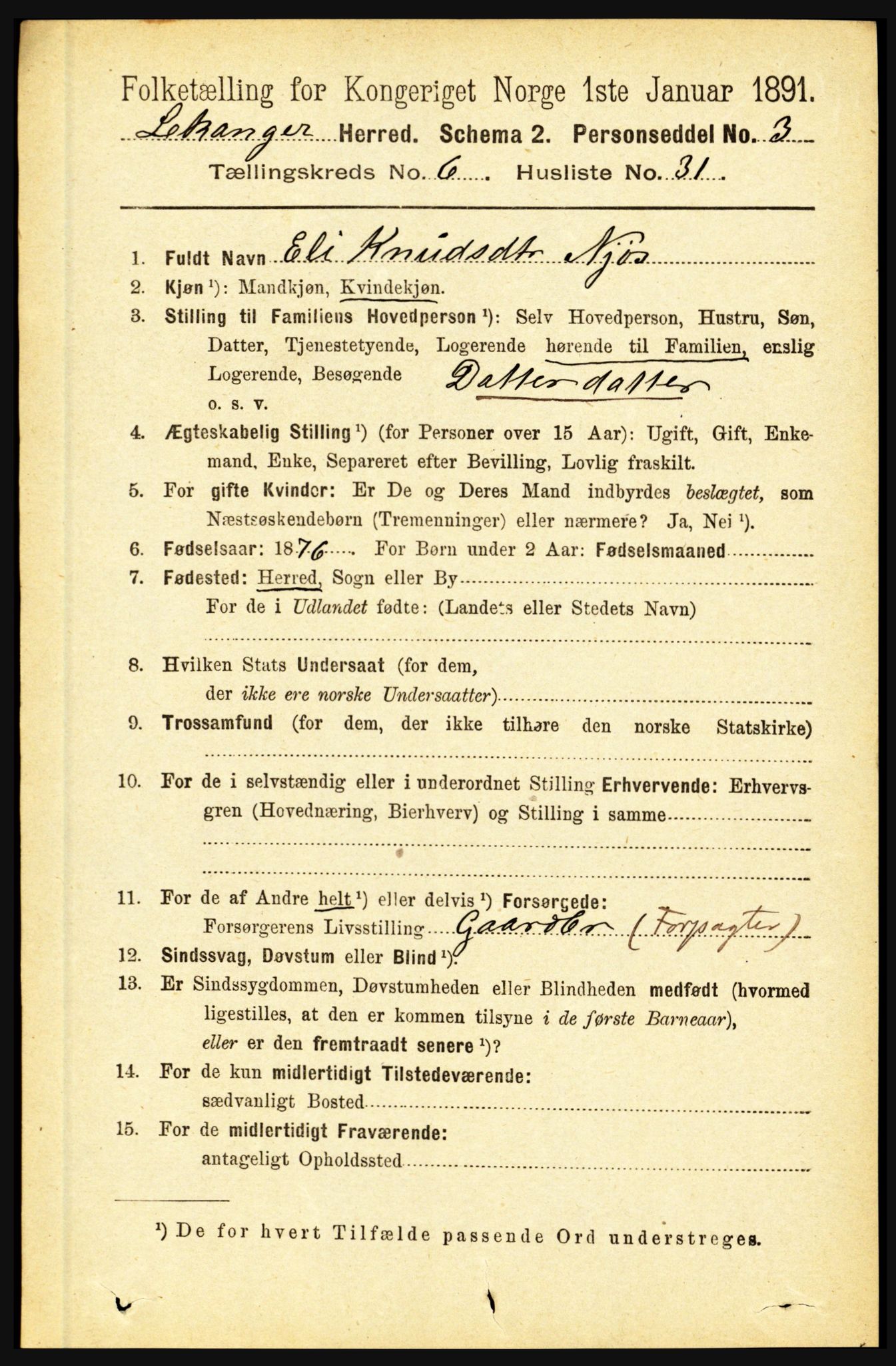 RA, 1891 census for 1419 Leikanger, 1891, p. 1296