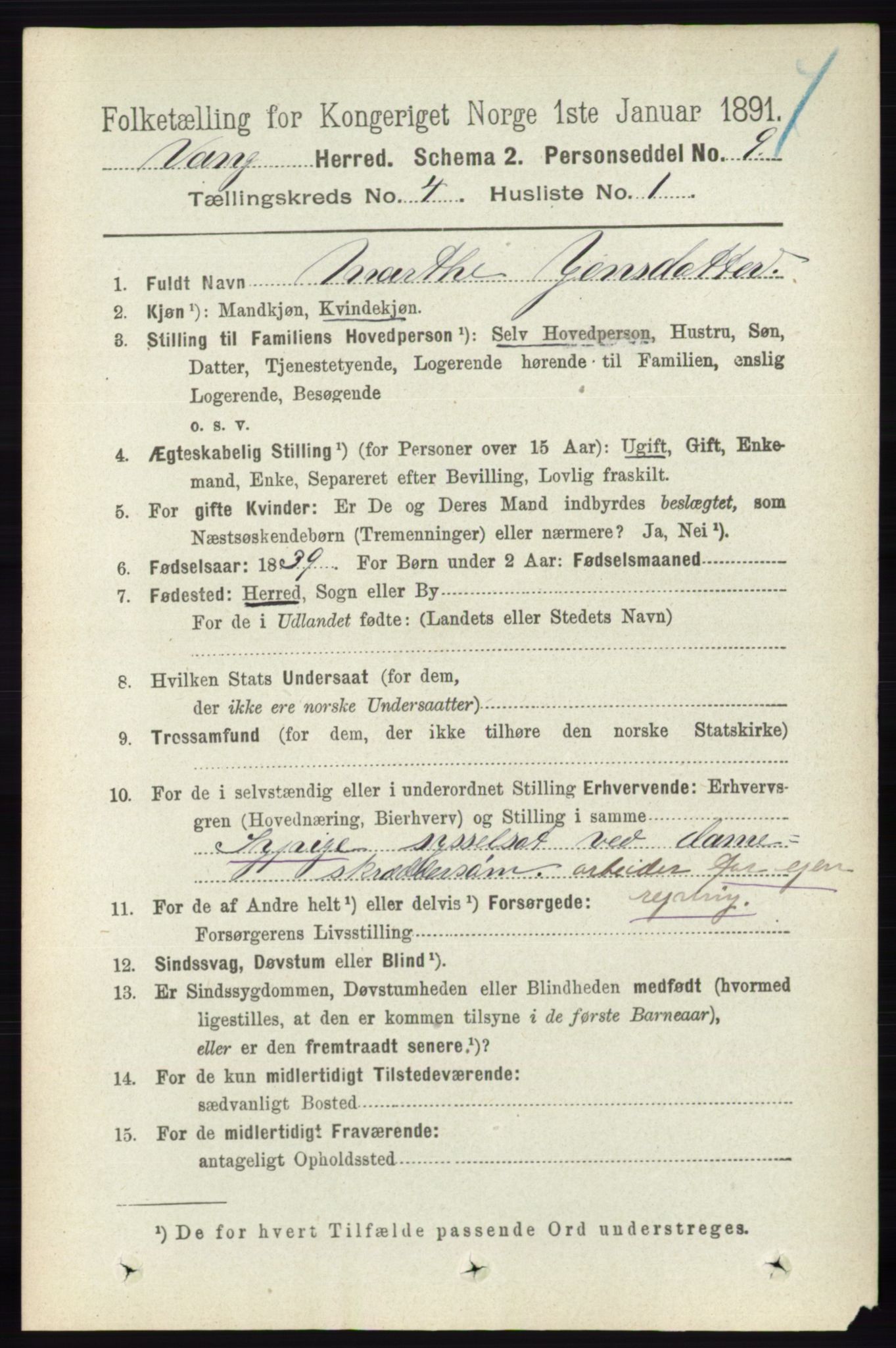 RA, 1891 census for 0414 Vang, 1891, p. 2756