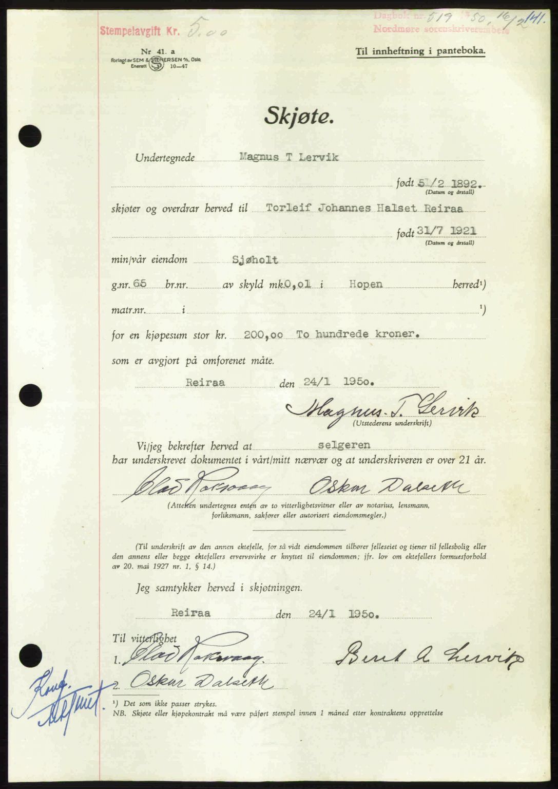 Nordmøre sorenskriveri, AV/SAT-A-4132/1/2/2Ca: Mortgage book no. A114, 1950-1950, Diary no: : 519/1950