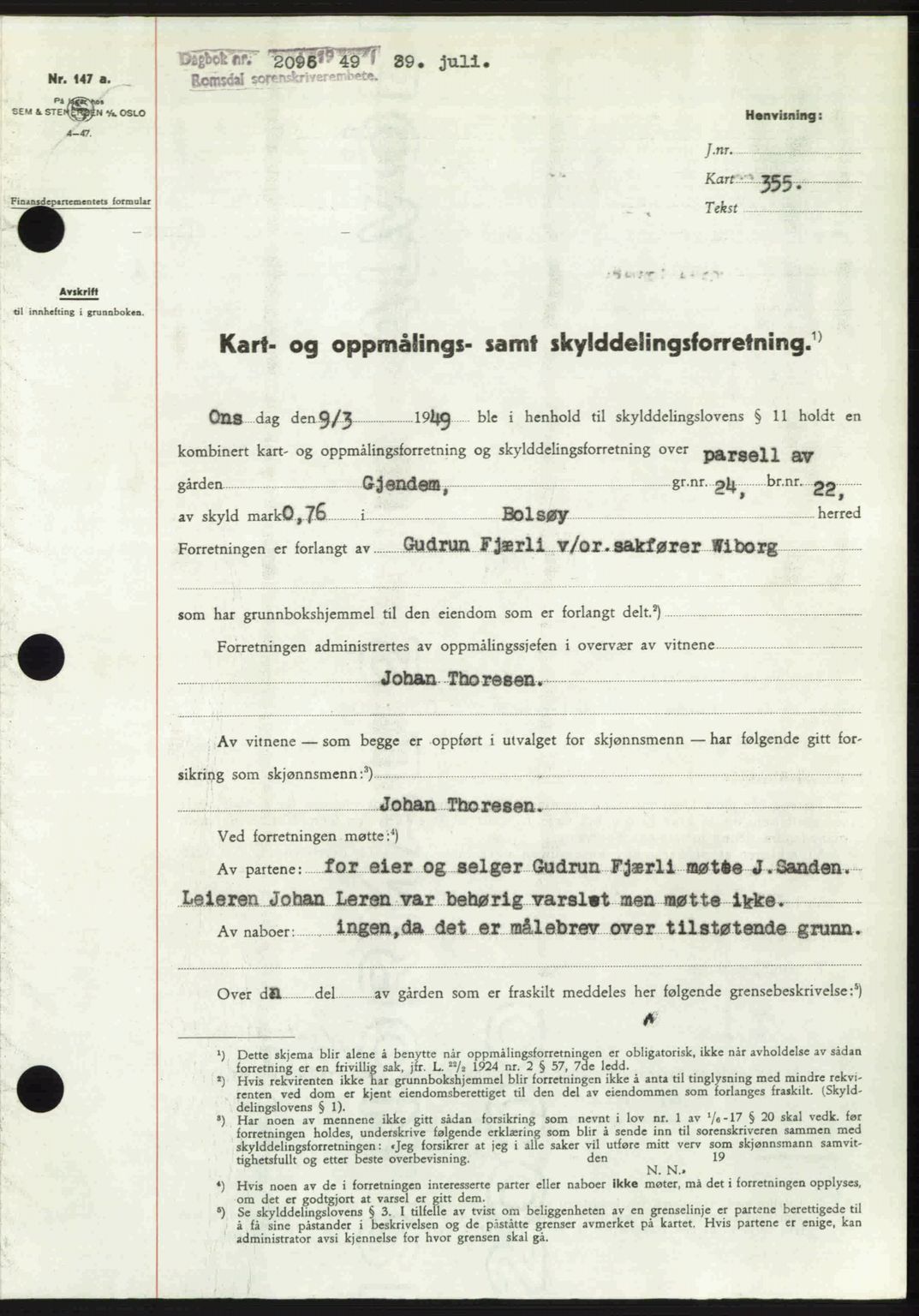 Romsdal sorenskriveri, AV/SAT-A-4149/1/2/2C: Mortgage book no. A30, 1949-1949, Diary no: : 2096/1949