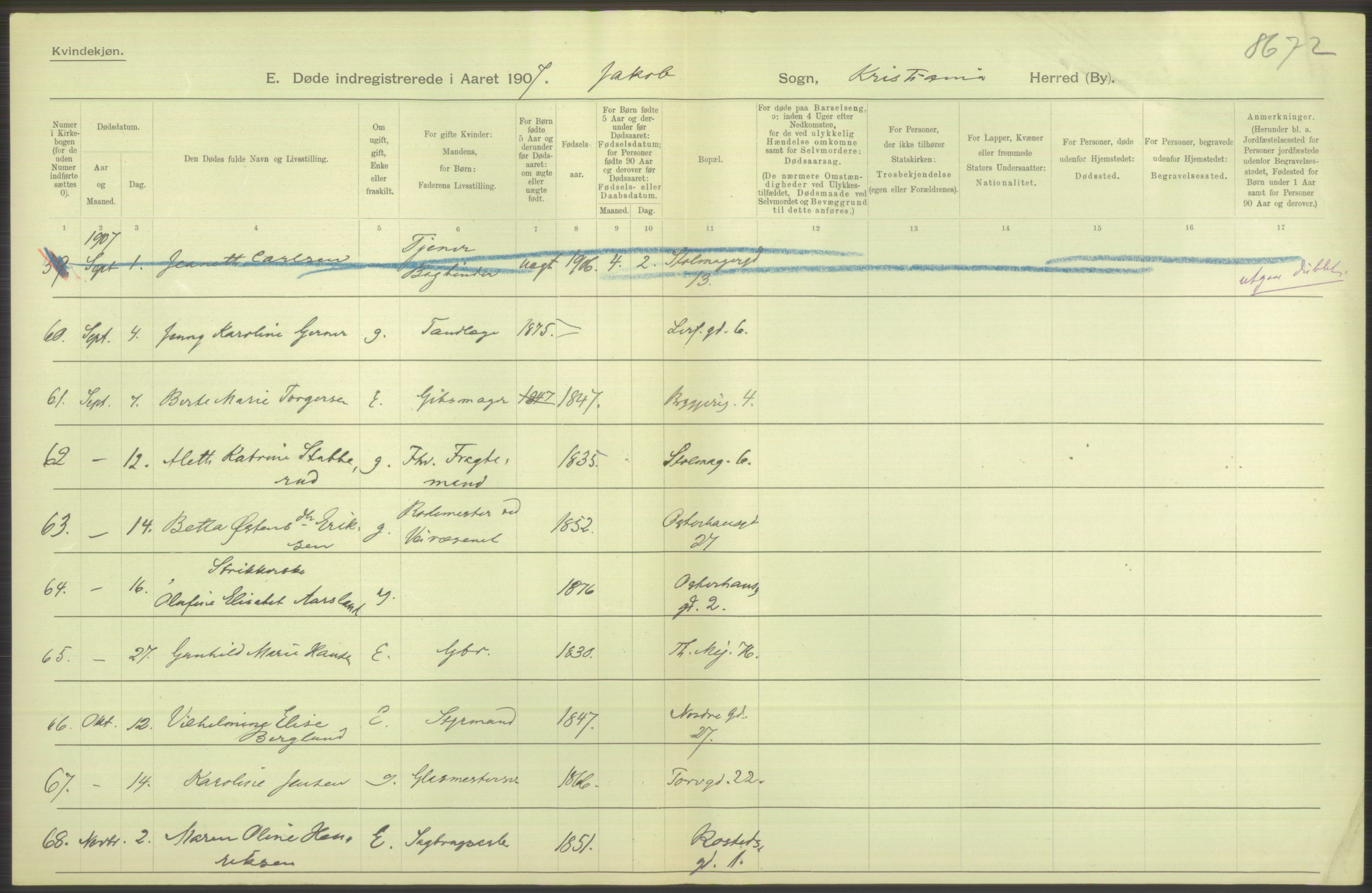 Statistisk sentralbyrå, Sosiodemografiske emner, Befolkning, RA/S-2228/D/Df/Dfa/Dfae/L0009: Kristiania: Døde, 1907, p. 412