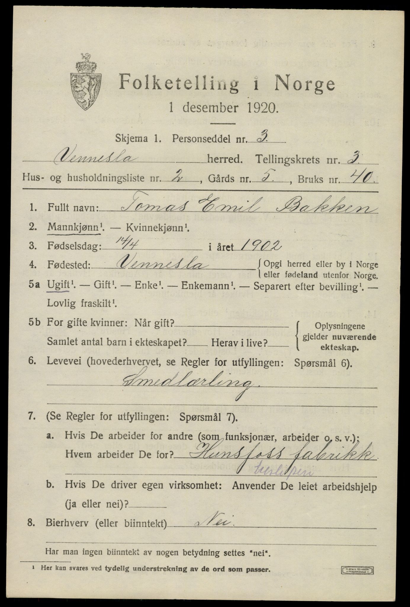 SAK, 1920 census for Vennesla, 1920, p. 2166