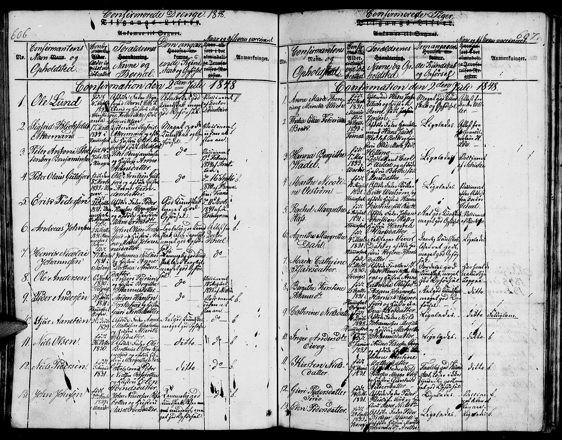 Hammerfest sokneprestkontor, SATØ/S-1347/H/Hb/L0001.klokk: Parish register (copy) no. 1, 1822-1850, p. 606-607