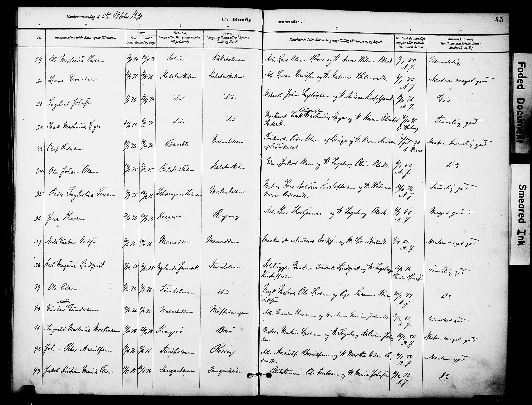 Skåtøy kirkebøker, AV/SAKO-A-304/F/Fa/L0003: Parish register (official) no. I 3, 1884-1899, p. 45