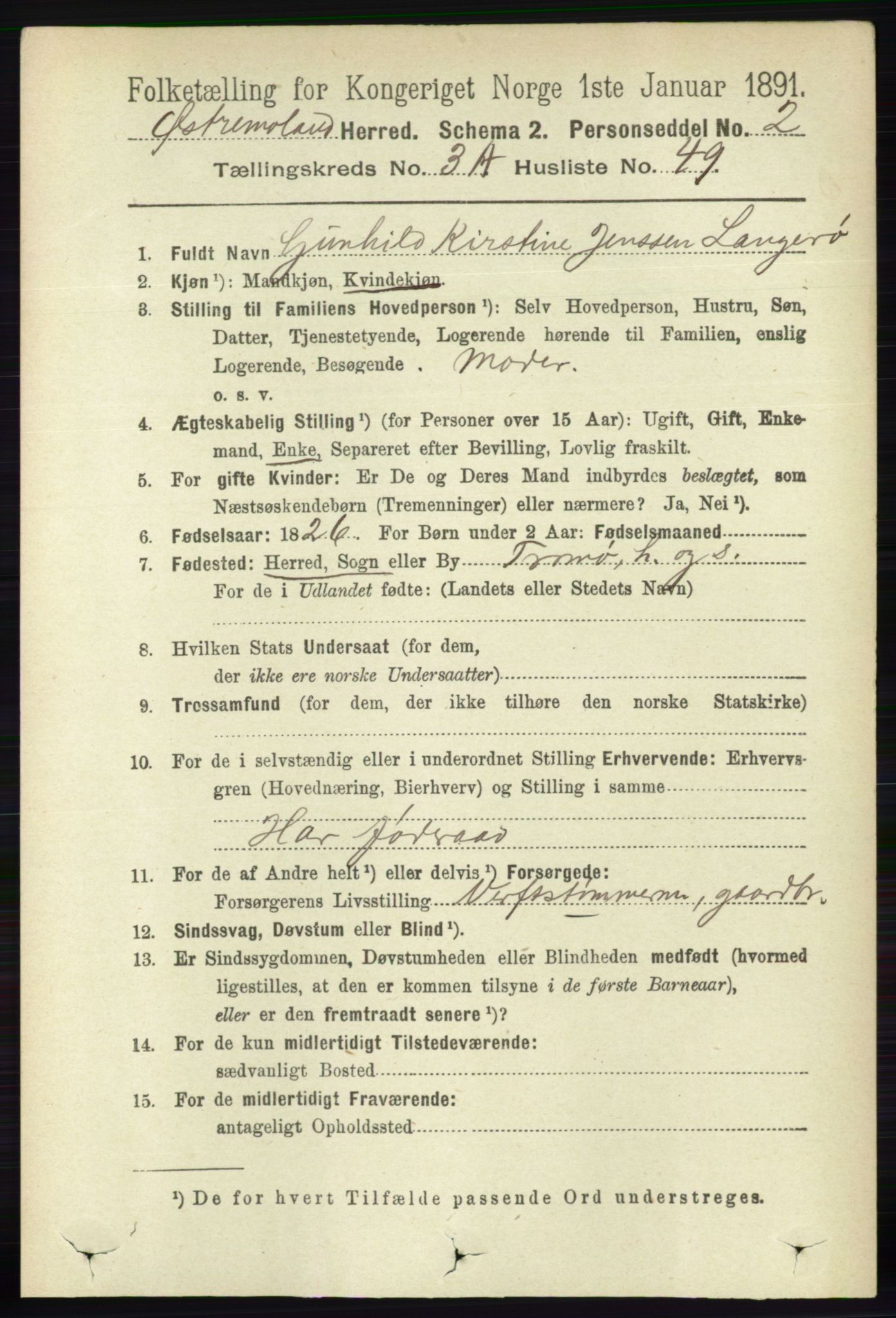 RA, 1891 census for 0918 Austre Moland, 1891, p. 1640