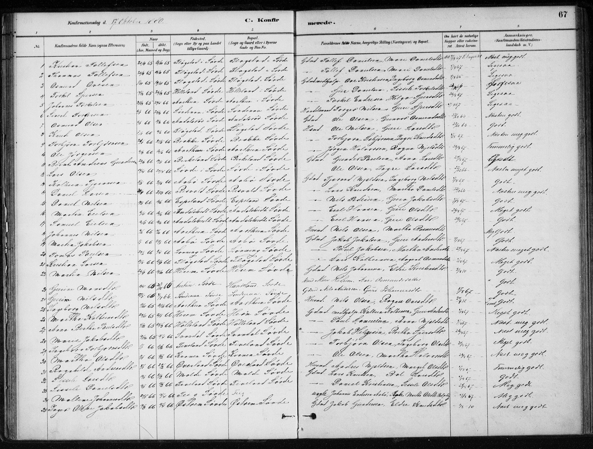 Sand sokneprestkontor, AV/SAST-A-101848/01/III/L0006: Parish register (official) no. A 6, 1880-1898, p. 67