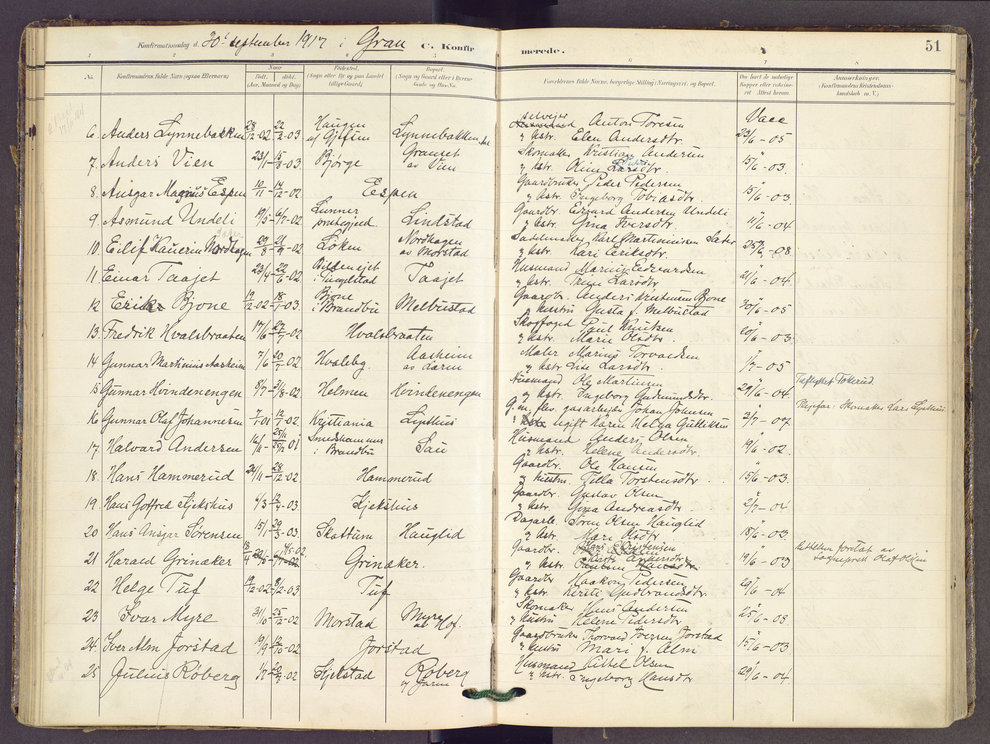 Gran prestekontor, SAH/PREST-112/H/Ha/Haa/L0022: Parish register (official) no. 22, 1908-1918, p. 51