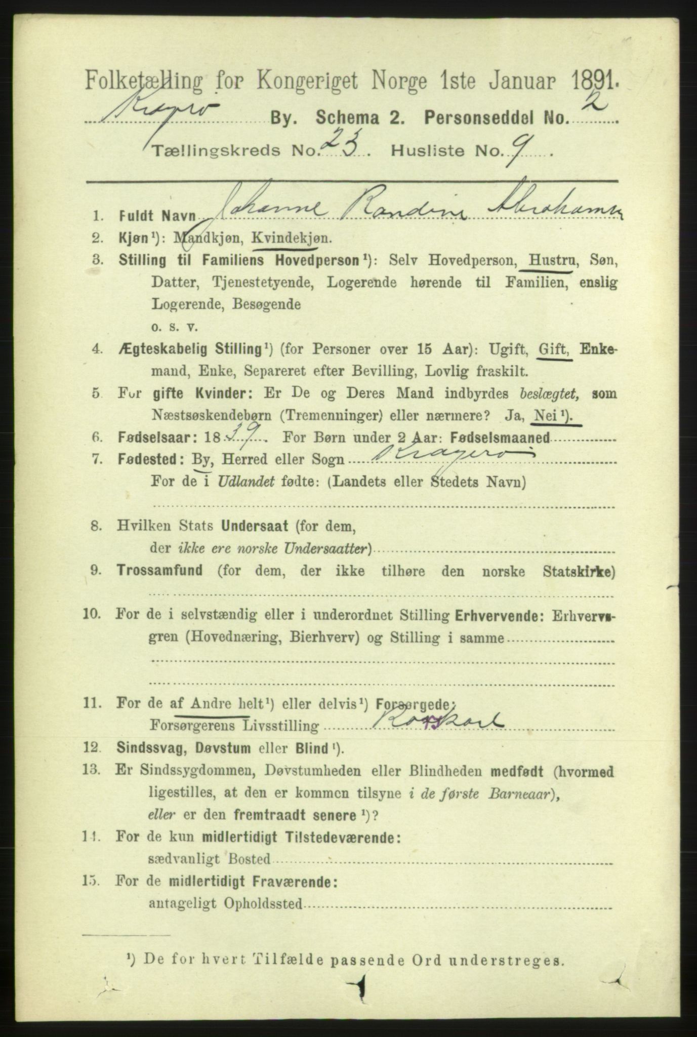 RA, 1891 census for 0801 Kragerø, 1891, p. 4988