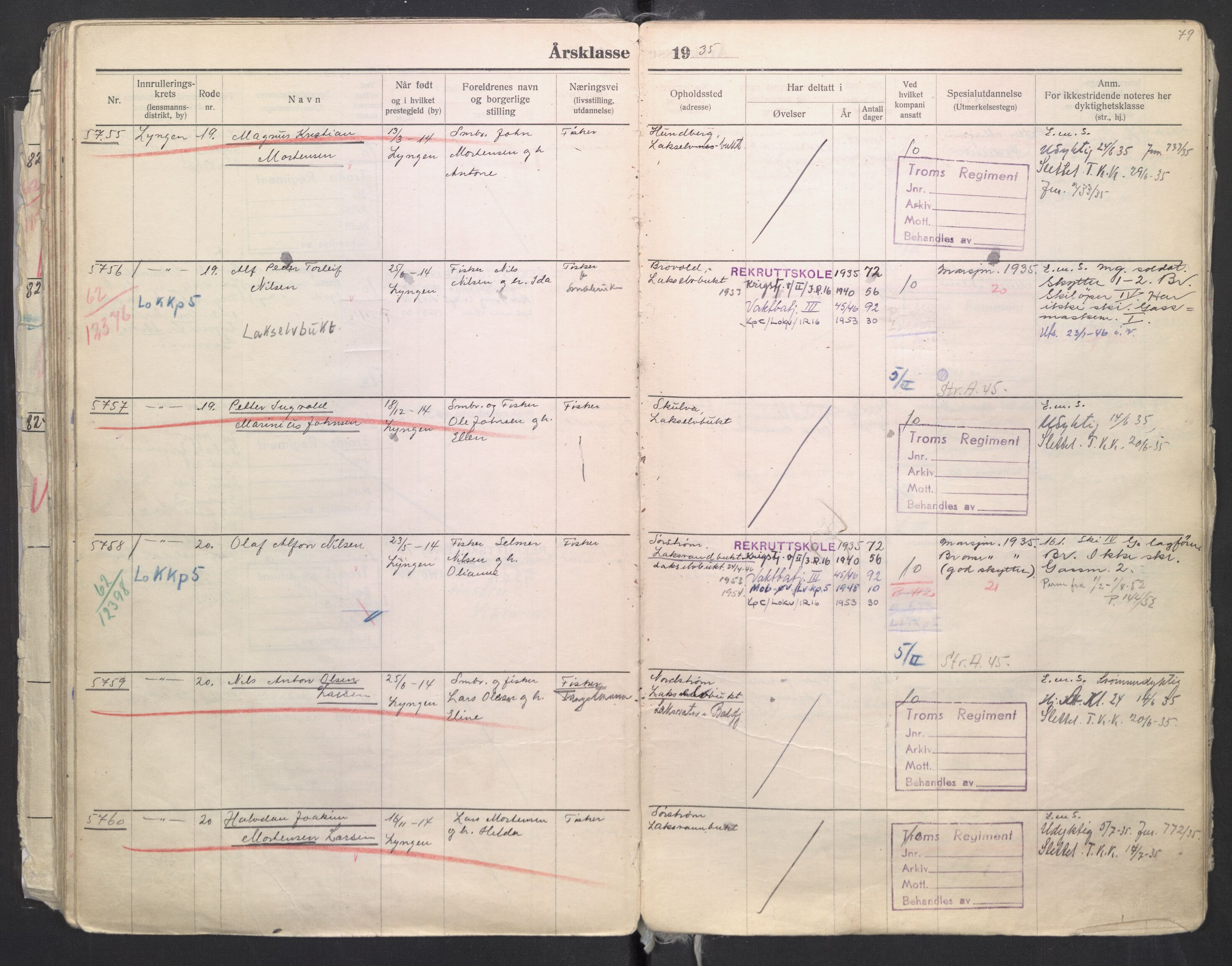 Forsvaret, Troms infanteriregiment nr. 16, AV/RA-RAFA-3146/P/Pa/L0006/0008: Ruller / Rulle for regimentets menige mannskaper, årsklasse 1935, 1935, p. 79