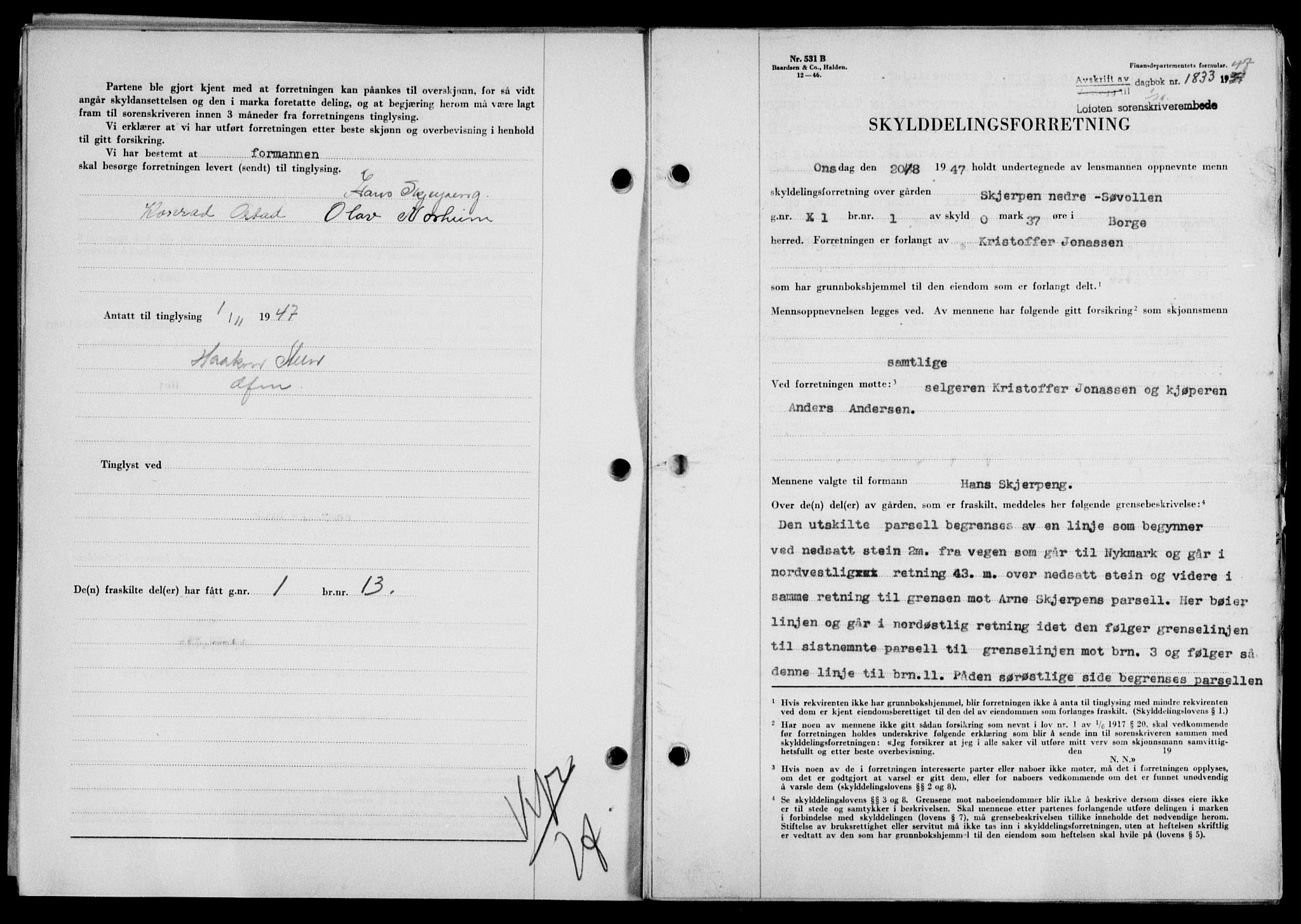Lofoten sorenskriveri, SAT/A-0017/1/2/2C/L0017a: Mortgage book no. 17a, 1947-1948, Diary no: : 1833/1947