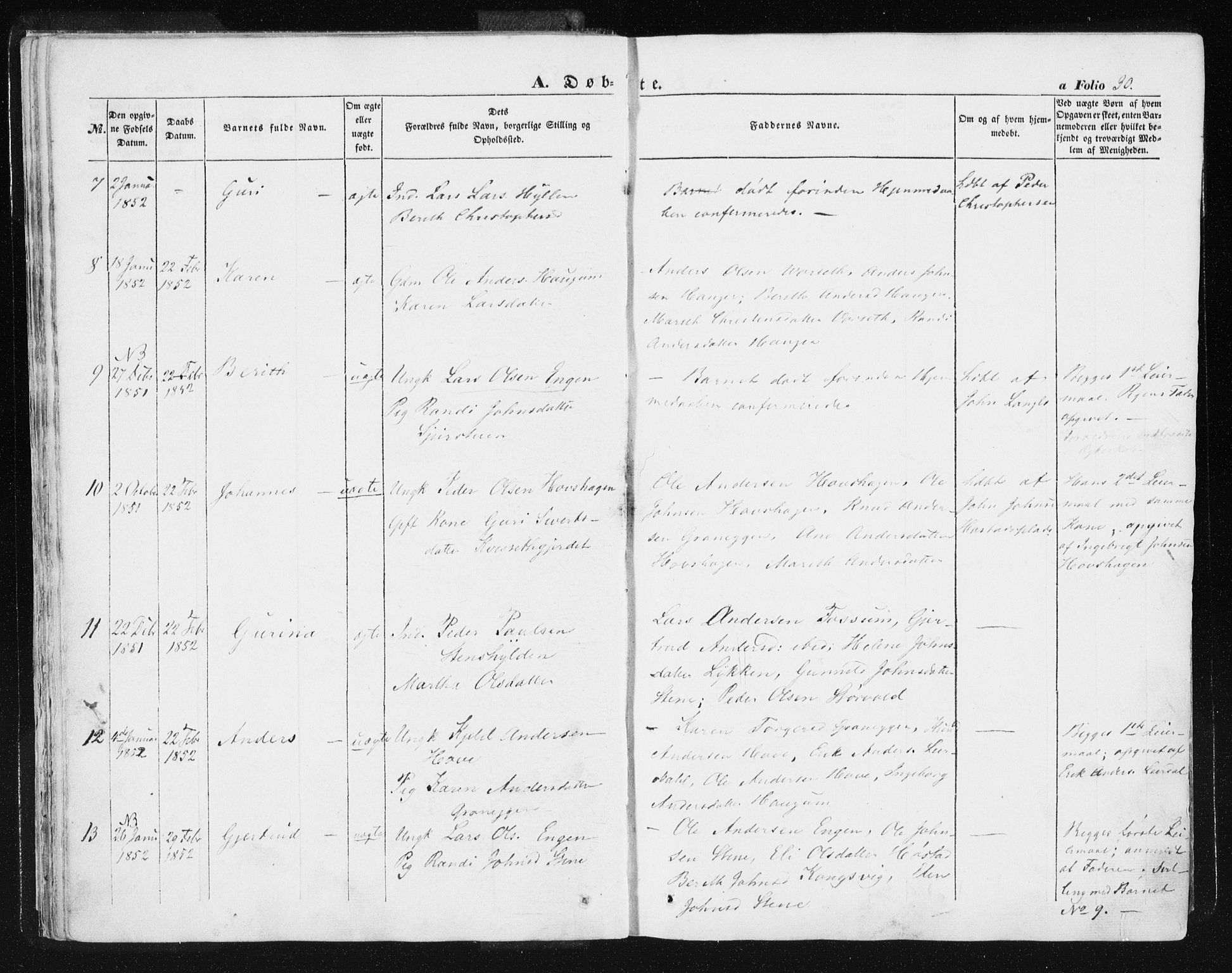 Ministerialprotokoller, klokkerbøker og fødselsregistre - Sør-Trøndelag, SAT/A-1456/612/L0376: Parish register (official) no. 612A08, 1846-1859, p. 30