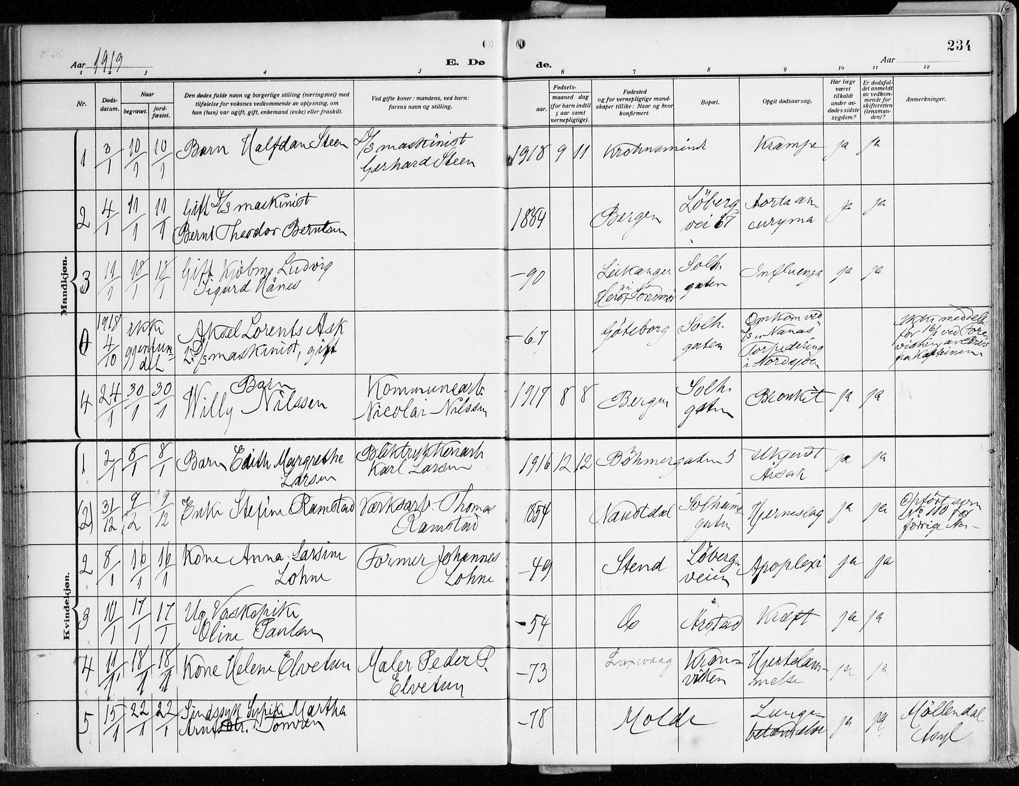 Årstad Sokneprestembete, AV/SAB-A-79301/H/Haa/L0003: Parish register (official) no. A 3, 1914-1919, p. 234