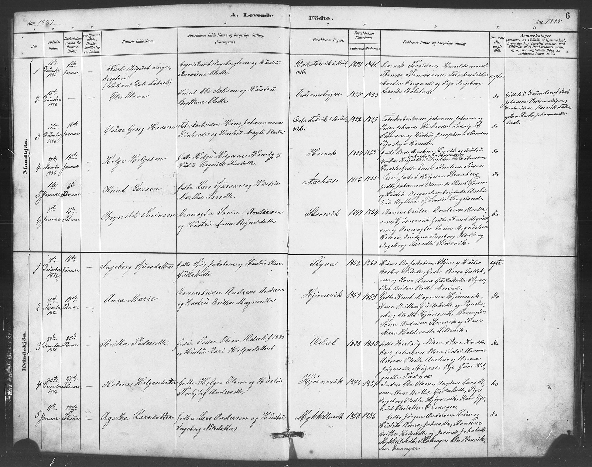 Evanger sokneprestembete, SAB/A-99924: Parish register (copy) no. A 4, 1887-1897, p. 6