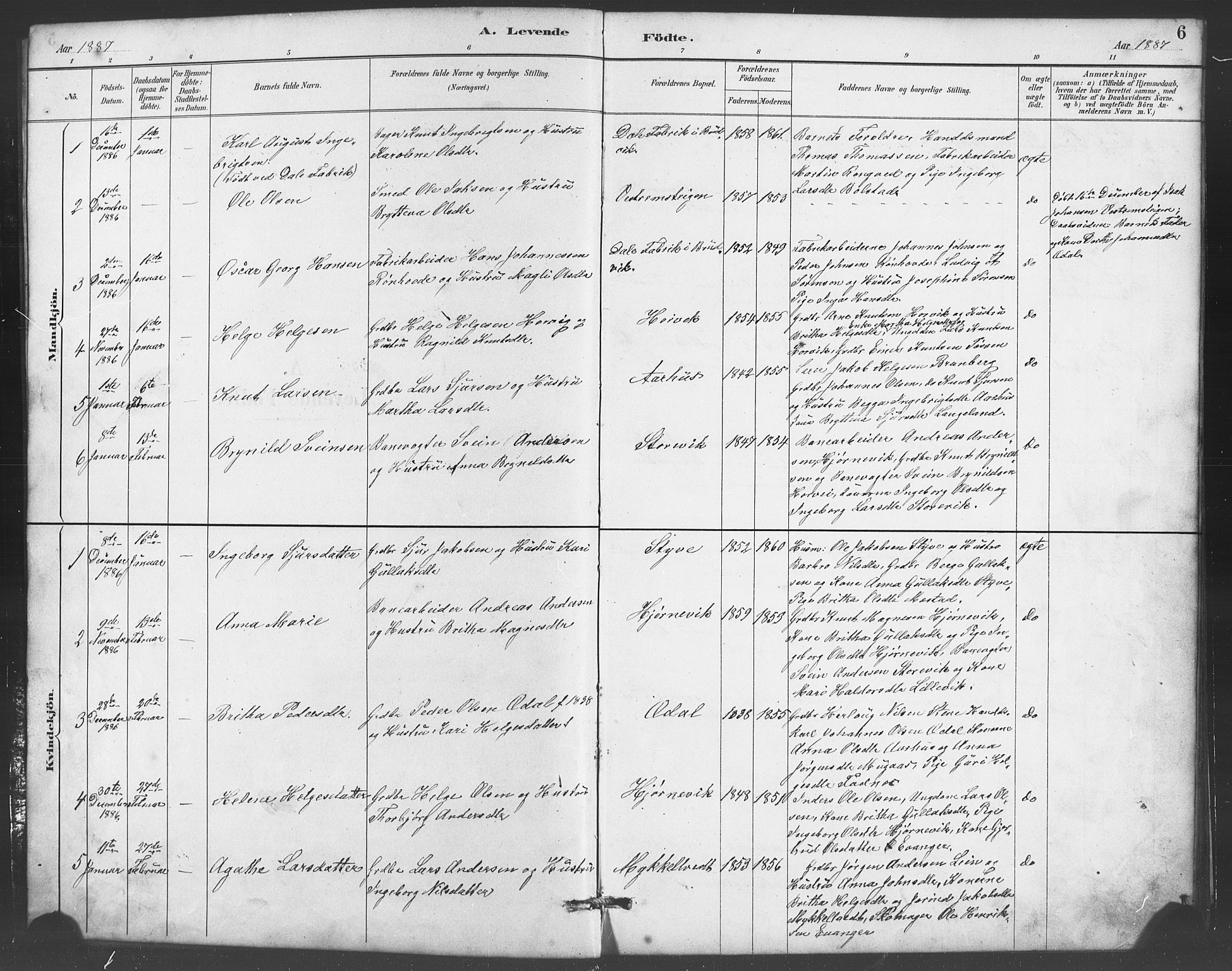 Evanger sokneprestembete, AV/SAB-A-99924: Parish register (copy) no. A 4, 1887-1897, p. 6