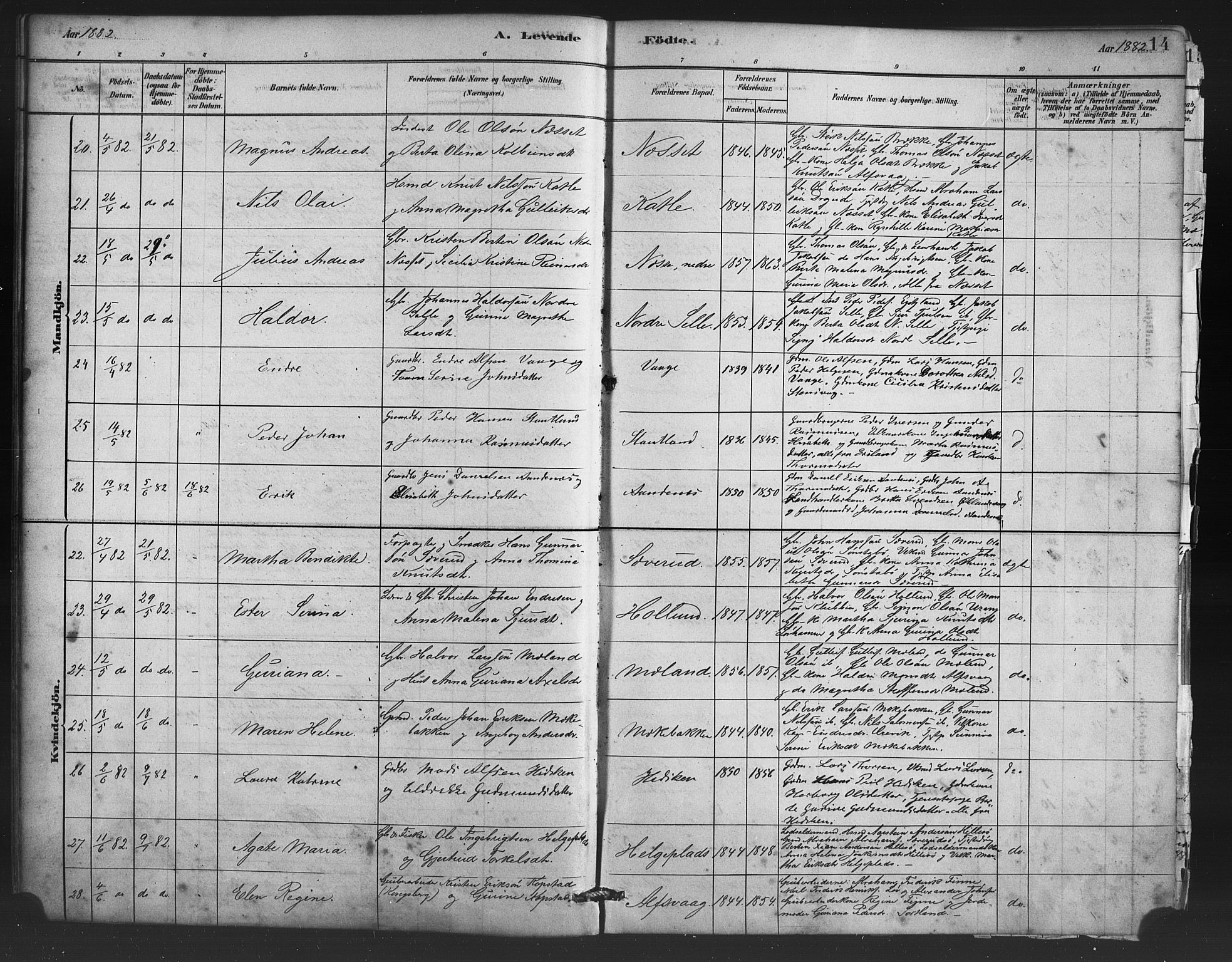 Finnås sokneprestembete, SAB/A-99925/H/Ha/Haa/Haac/L0001: Parish register (official) no. C 1, 1881-1894, p. 14