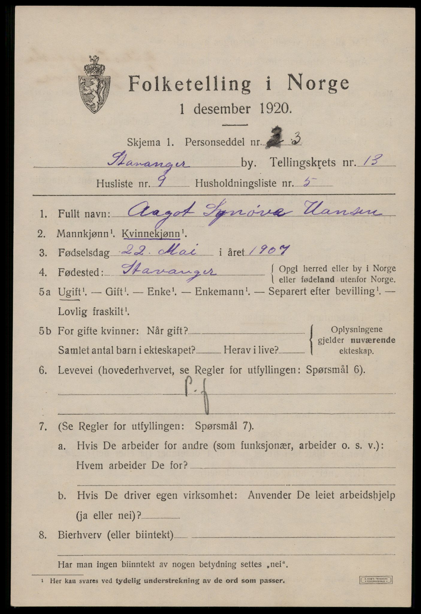 SAST, 1920 census for Stavanger, 1920, p. 57866