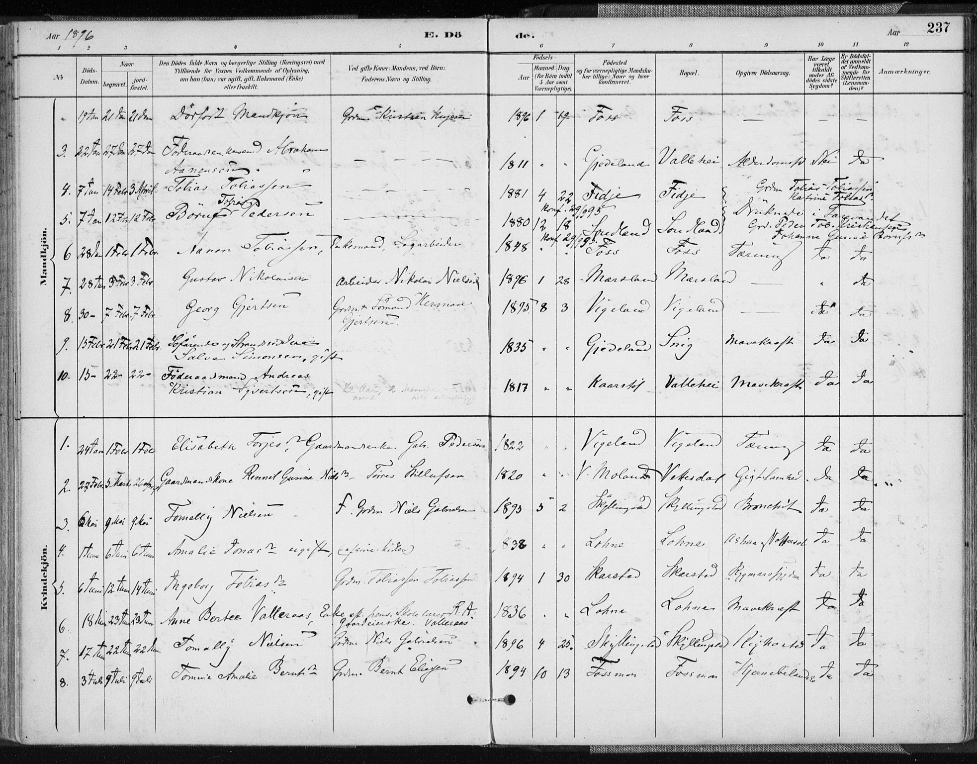 Sør-Audnedal sokneprestkontor, AV/SAK-1111-0039/F/Fa/Fab/L0010: Parish register (official) no. A 10, 1892-1913, p. 237