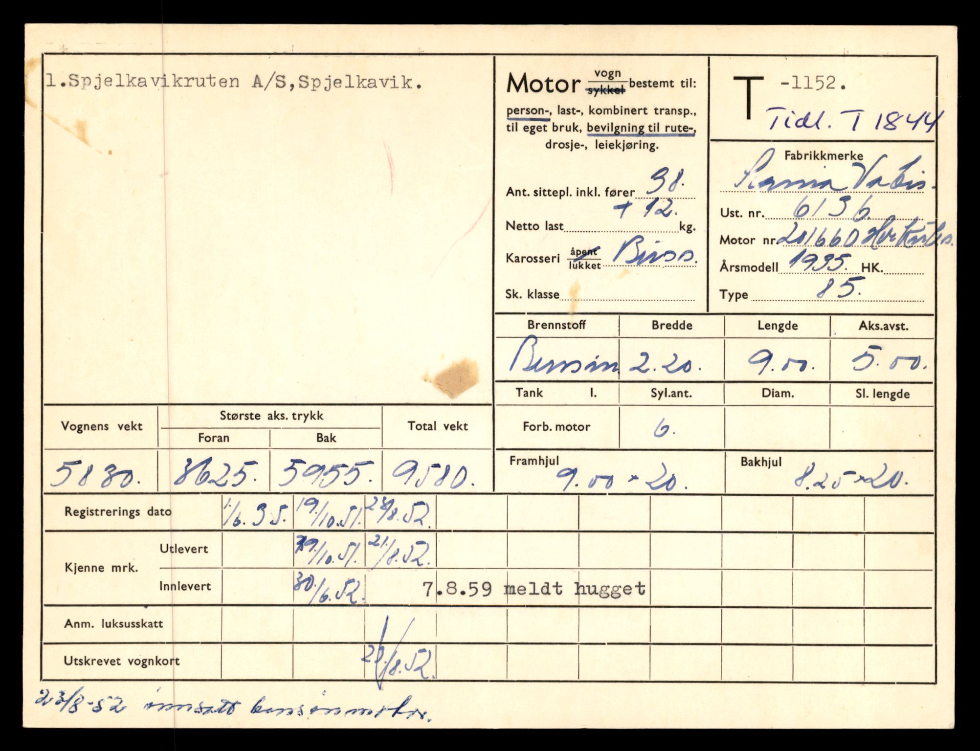 Møre og Romsdal vegkontor - Ålesund trafikkstasjon, SAT/A-4099/F/Fe/L0010: Registreringskort for kjøretøy T 1050 - T 1169, 1927-1998, p. 2821