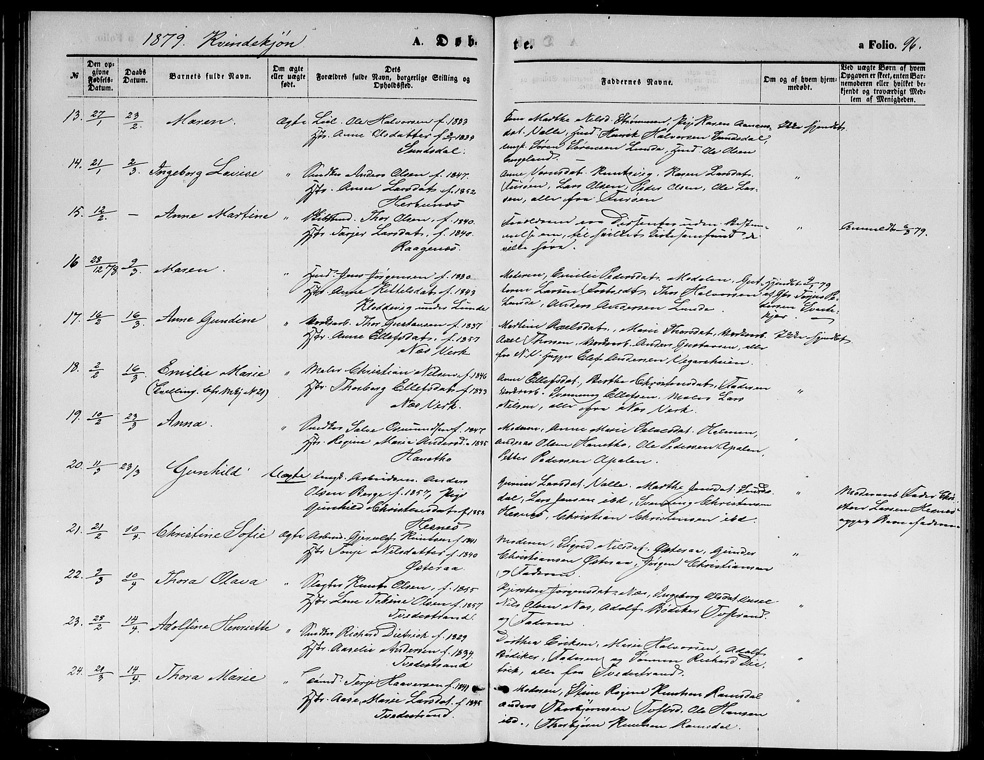 Holt sokneprestkontor, SAK/1111-0021/F/Fb/L0009: Parish register (copy) no. B 9, 1871-1883, p. 96