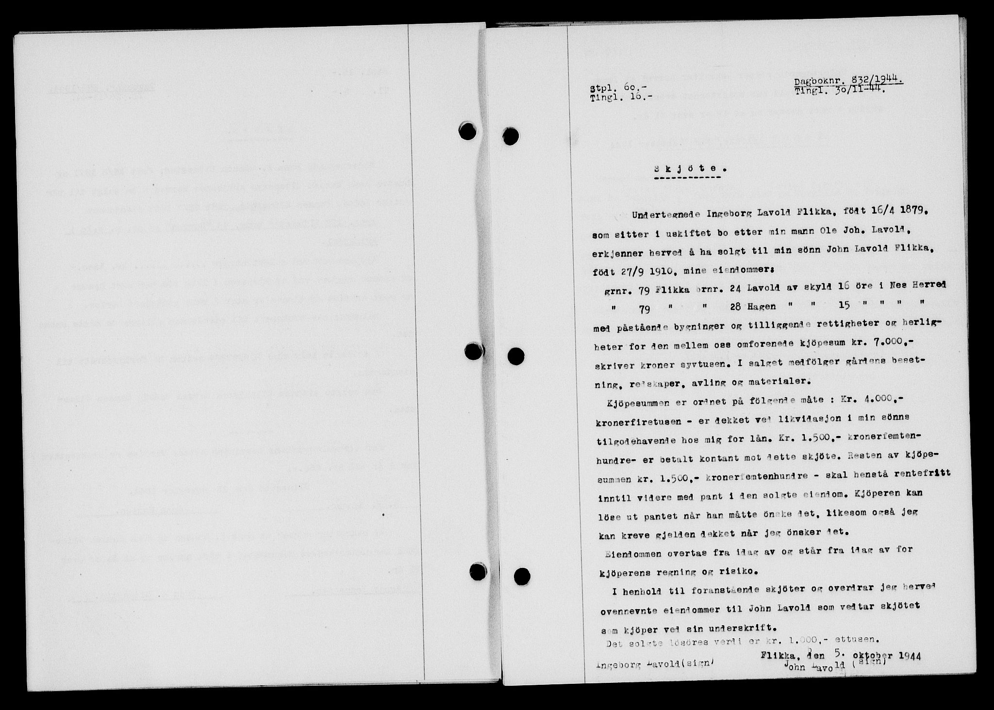 Flekkefjord sorenskriveri, SAK/1221-0001/G/Gb/Gba/L0059: Mortgage book no. A-7, 1944-1945, Diary no: : 832/1944