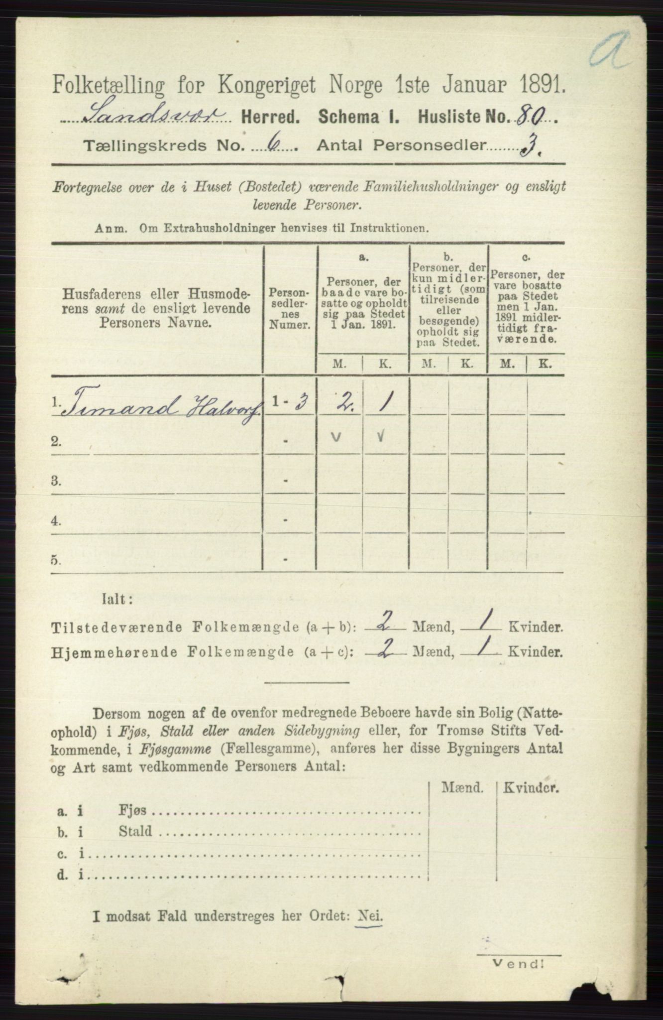 RA, 1891 census for 0629 Sandsvær, 1891, p. 3383