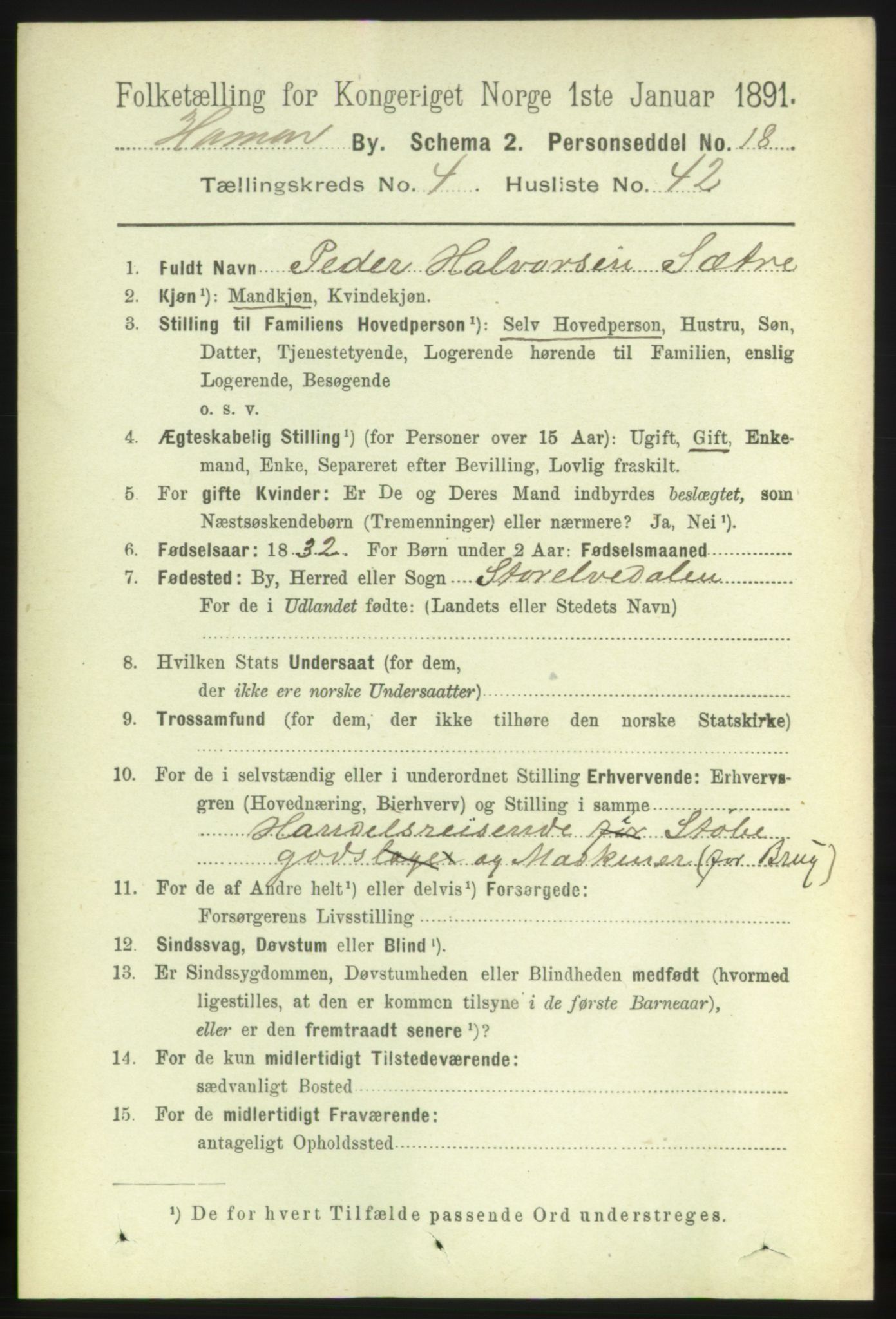 RA, 1891 census for 0401 Hamar, 1891, p. 3610